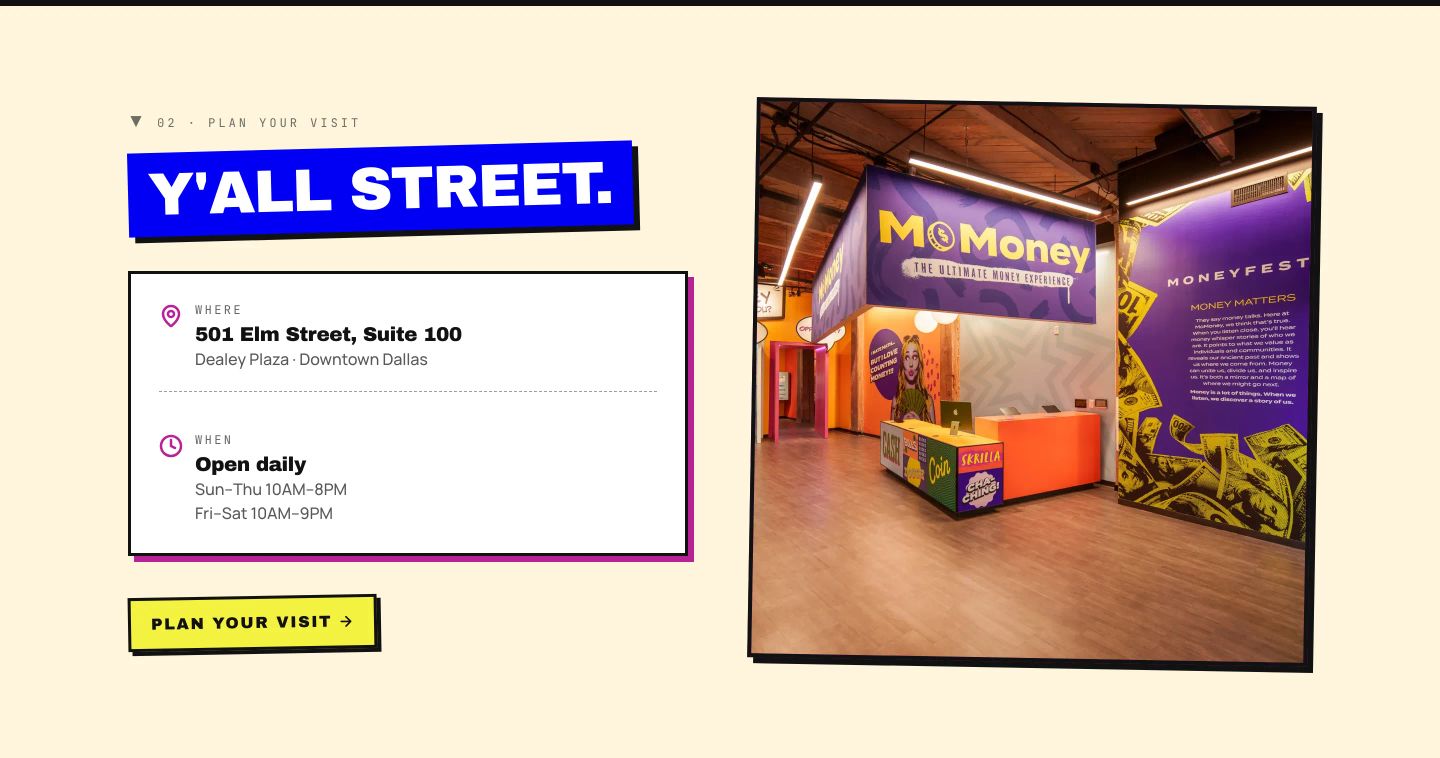Energetic neo-brutalist visit section featuring vivid offset-shadow badges, monospace details, and a high-saturation interior venue photo.