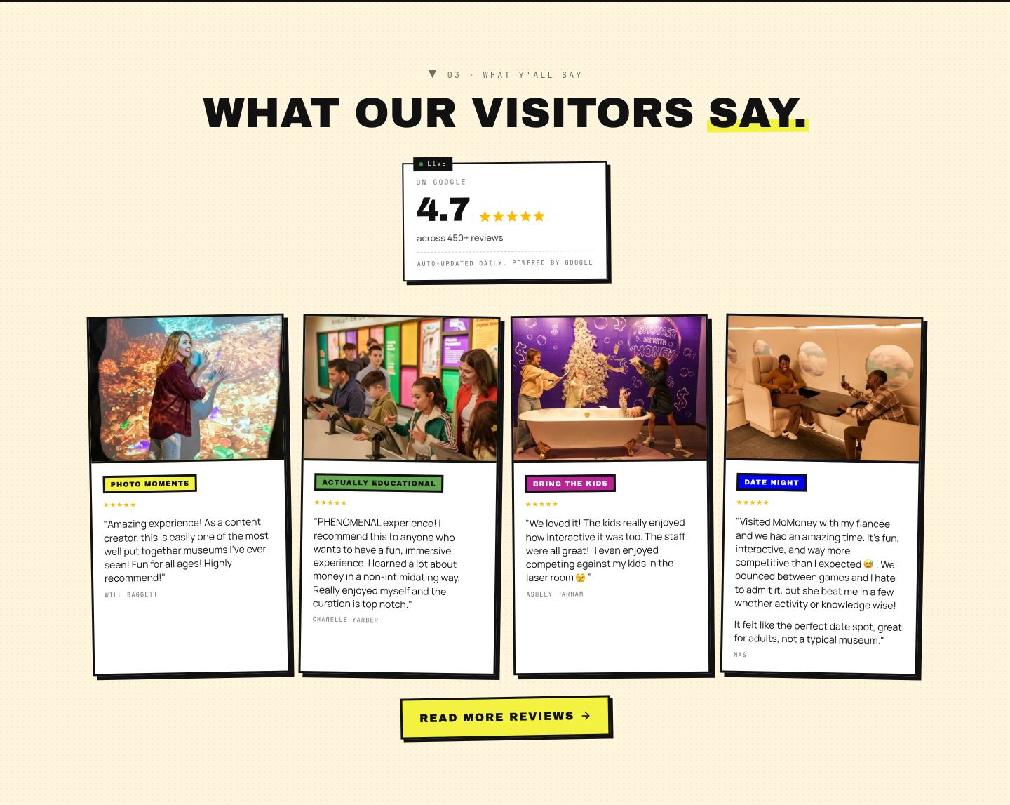 Punchy neo-brutalist visitor review section featuring slightly tilted media cards, high-contrast borders, and playful color-coded tags on warm cream.