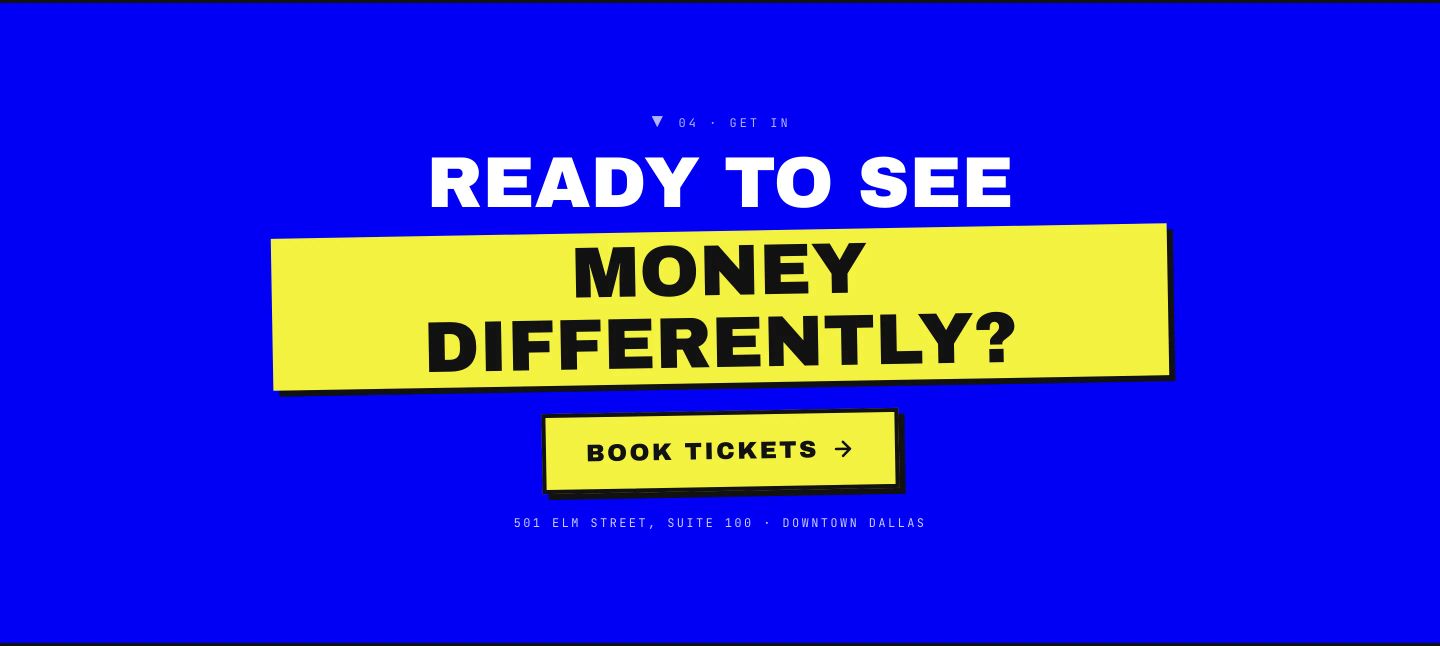 Punchy high-contrast call-to-action radiating electric energy with bold typography slapped over a bright yellow tape-style banner on vibrant blue.
