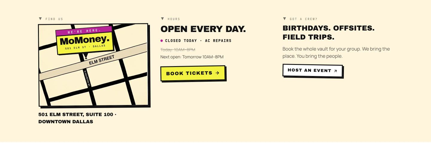 Warm neo-brutalist informational grid pairing a bold graphic map with hard-shadowed interactive buttons and punchy uppercase headlines.