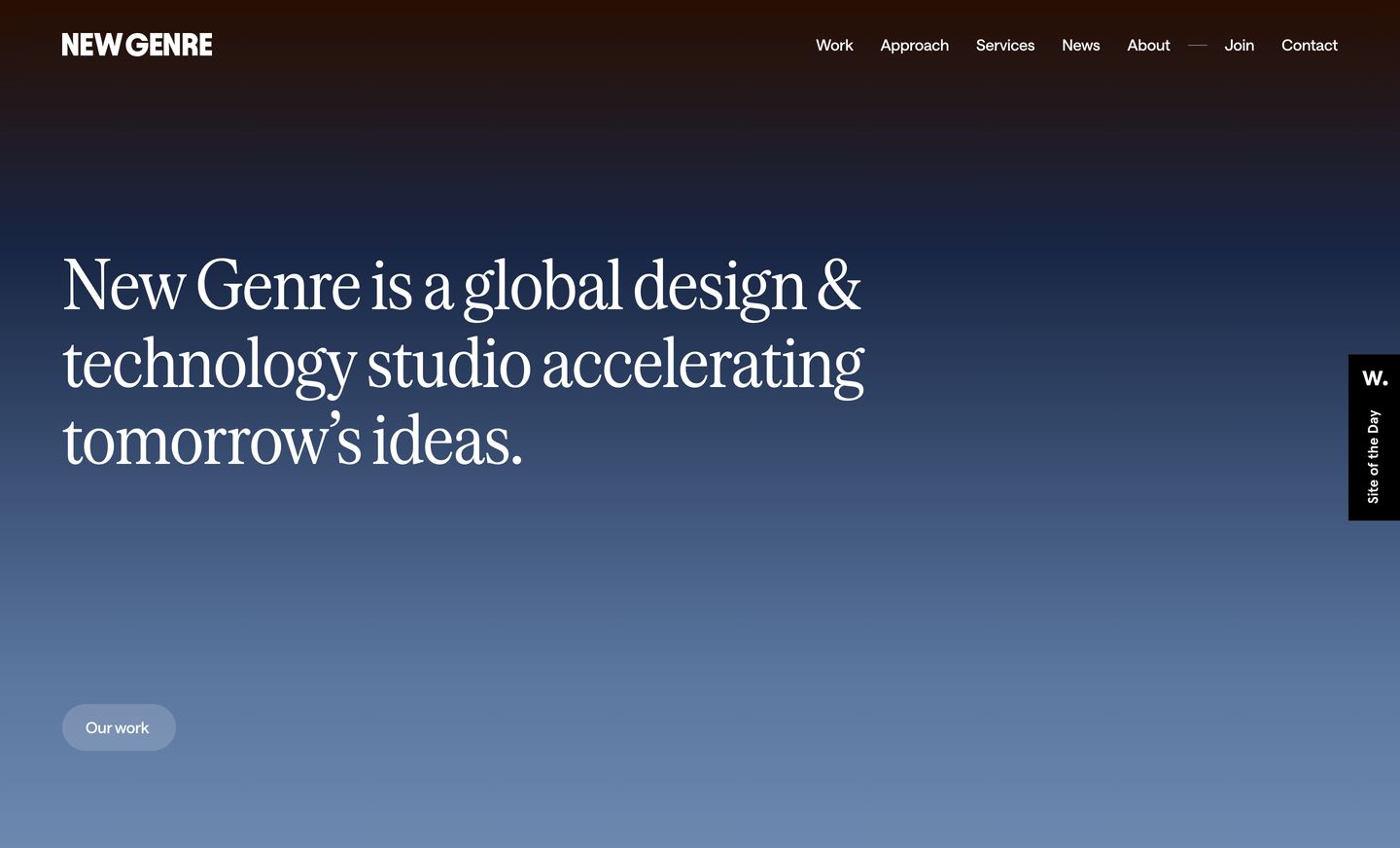 Quiet, atmospheric studio hero pairing an elegant serif statement with a subtle twilight dusk gradient and generous negative space.