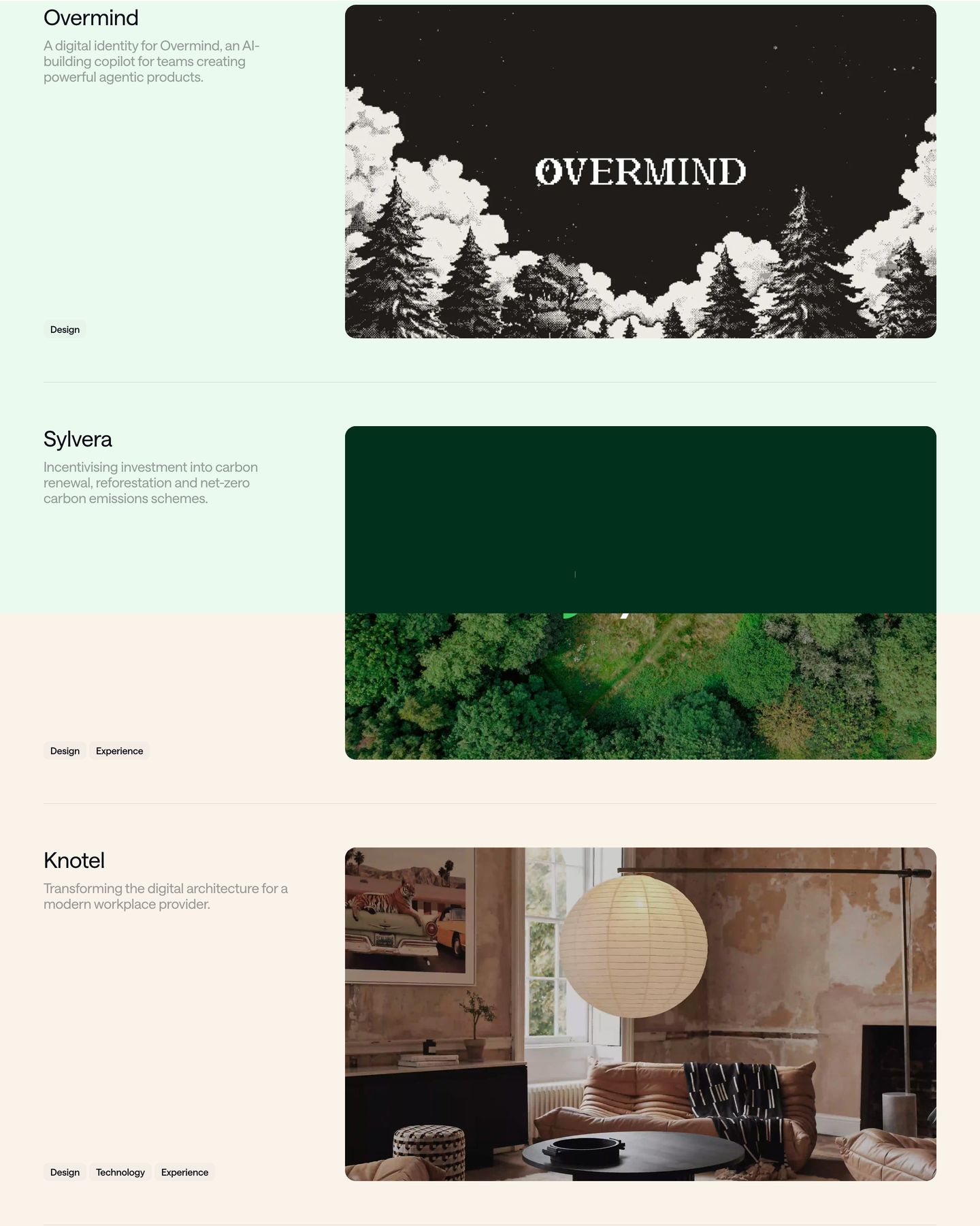 Quiet, spacious project showcase presenting client work through clean split layouts and rounded media frames.