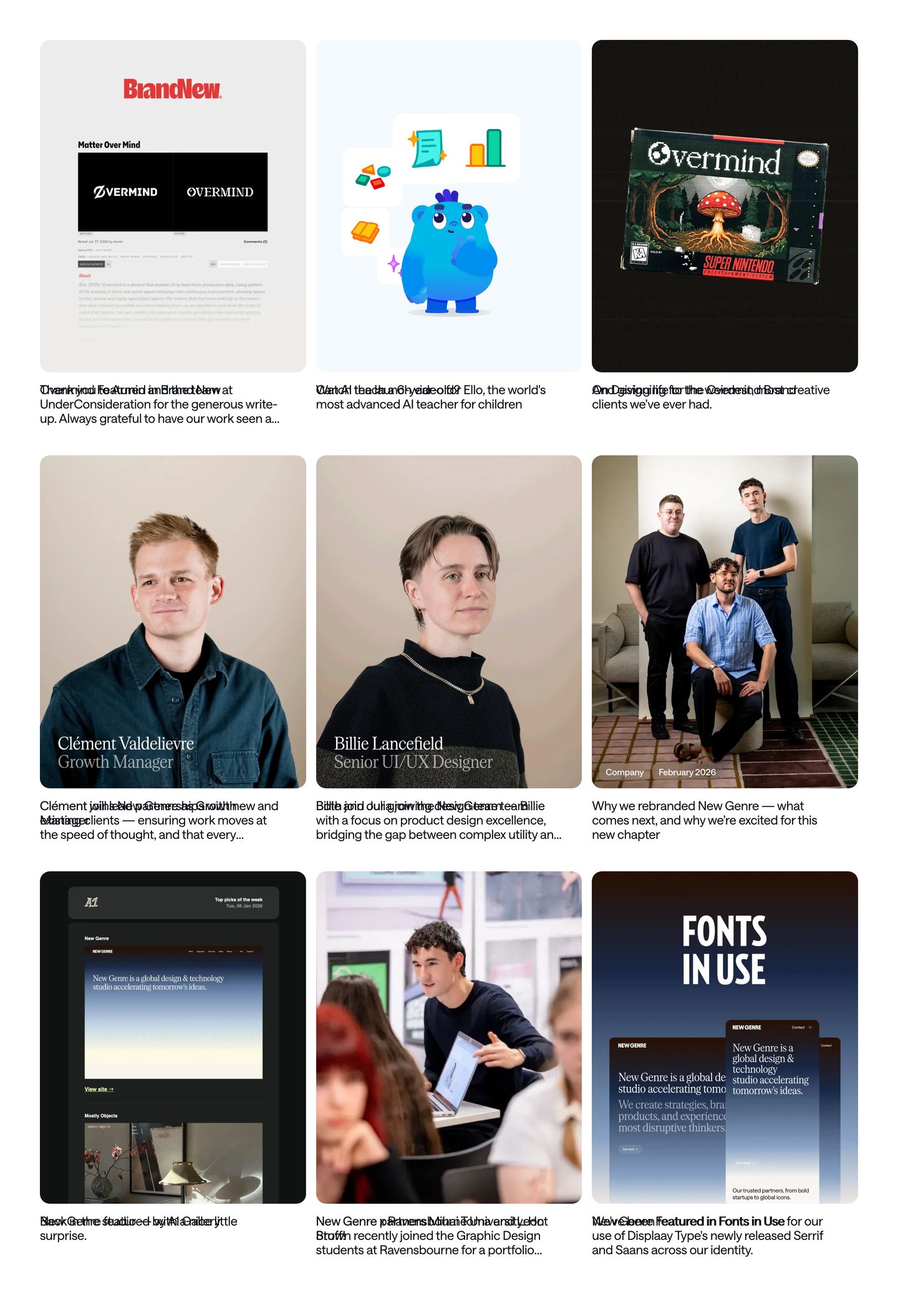 Clean, orderly studio journal grid mixing studio announcements, team portraits, and press features in rounded media cards.
