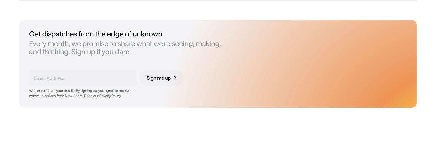 A tranquil newsletter signup card fading seamlessly from a clean grey into a warm, glowing peach gradient.