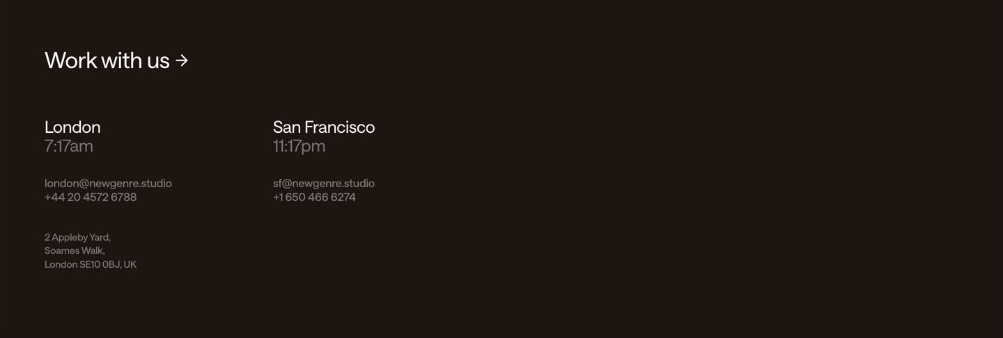 A sparse, restrained dark contact section with vast negative space and quiet typographic precision.