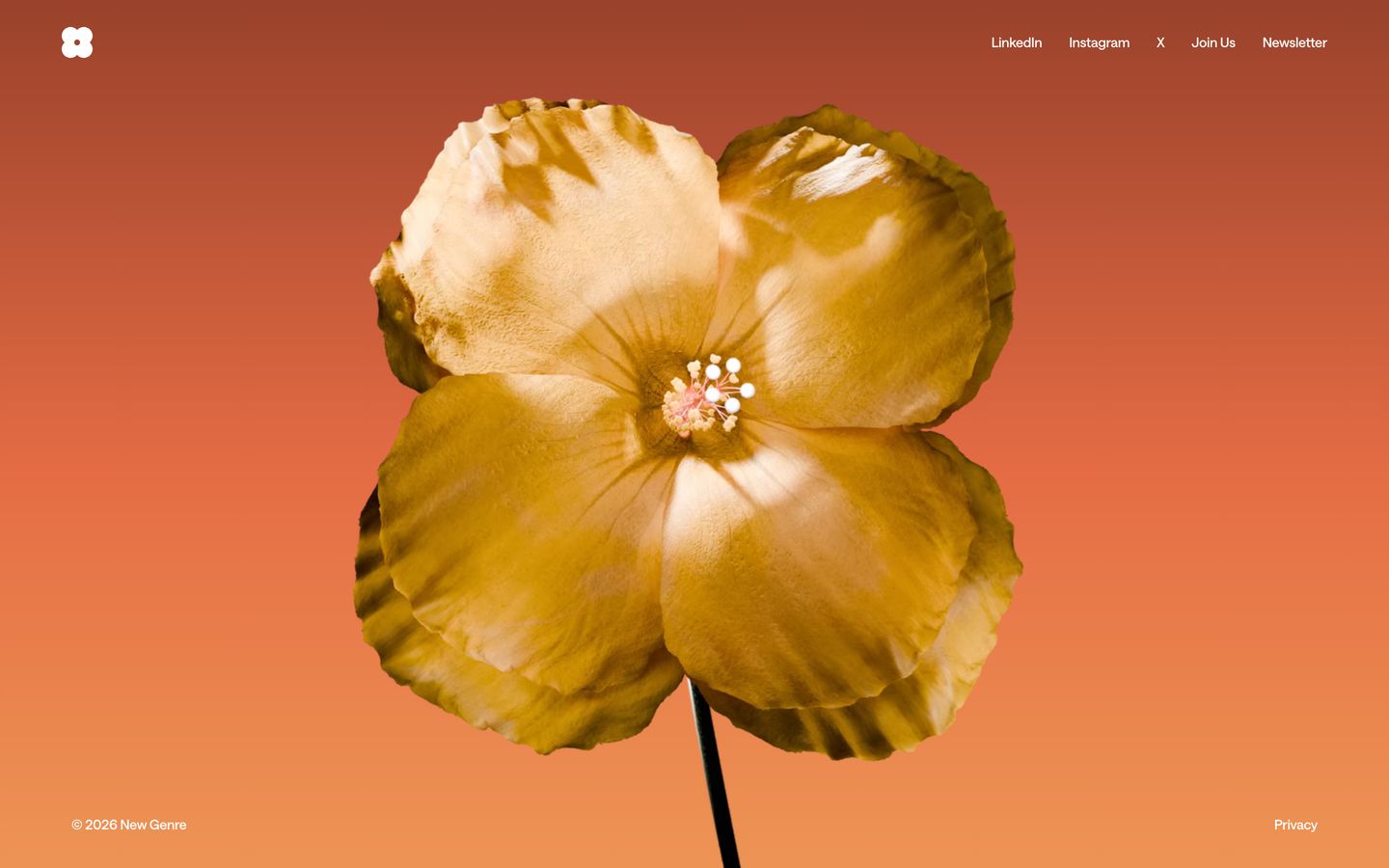A tranquil full-bleed outro centering a golden botanical bloom against a warm gradient backdrop with corner-anchored utility links.