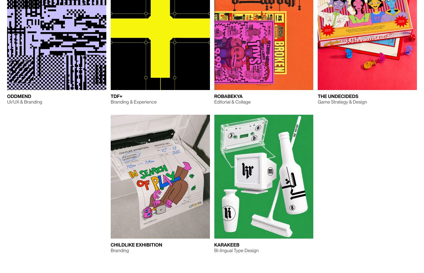 A clean, modular portfolio grid bursting with colorful, irreverent design projects framed by disciplined Swiss typography.