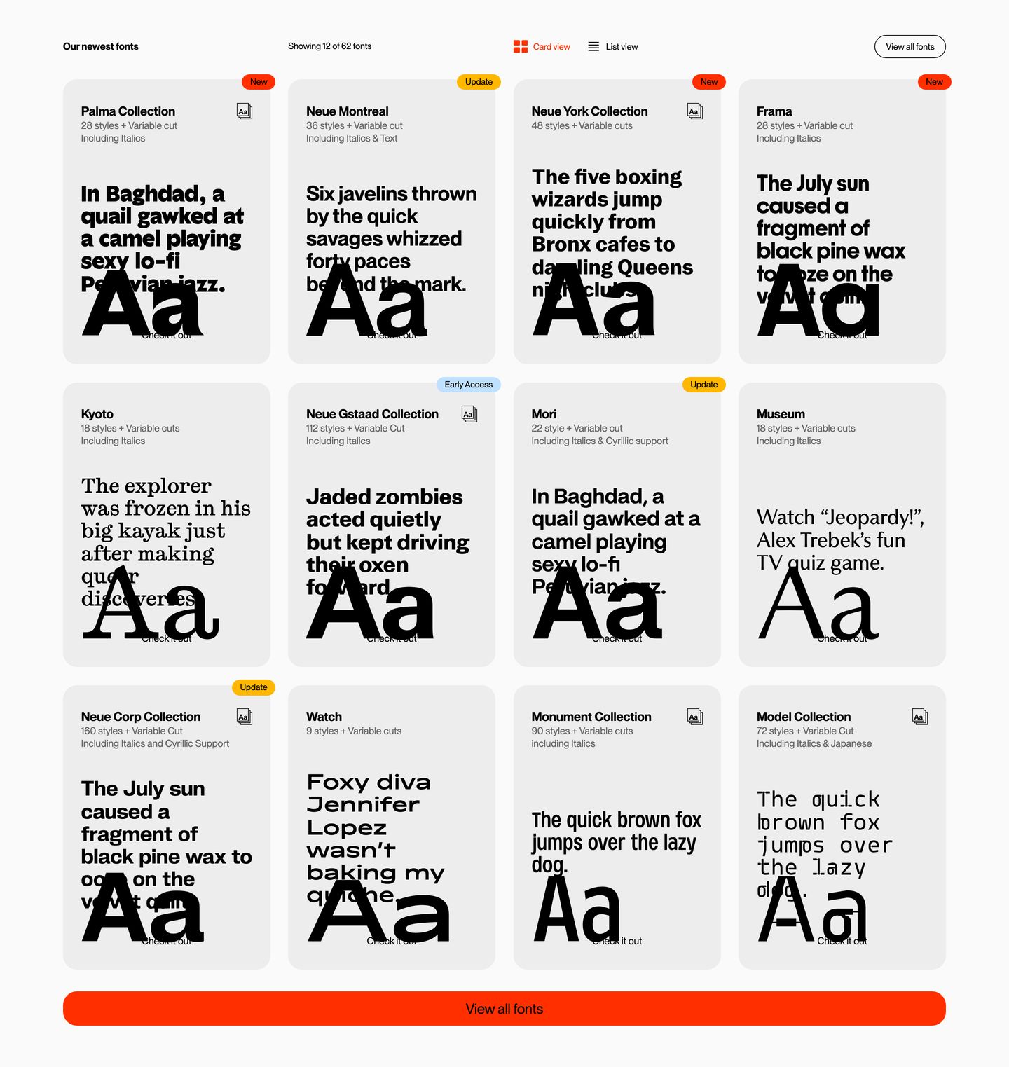 A crisp, precision-engineered typeface foundry showcase presenting specimen cards in an orderly Swiss modular grid.
