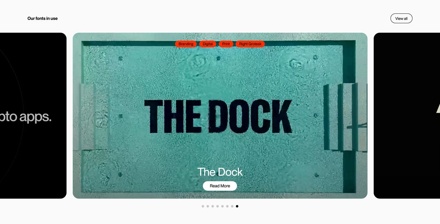 A clean type foundry showcase carousel spotlighting real-world font applications with rounded preview cards and high-contrast orange tag pills.