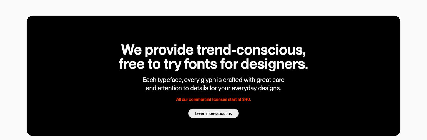 A stark, rounded black card presenting a foundry manifesto and call to action with quiet typographic restraint.