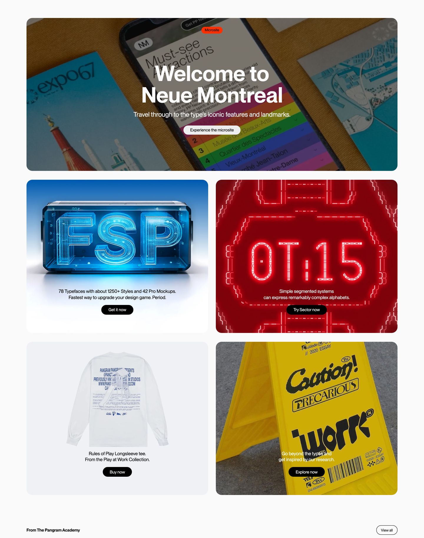 Dynamic multi-card showcase featuring bold typographic mockups and 3D objects arranged in a rounded grid.