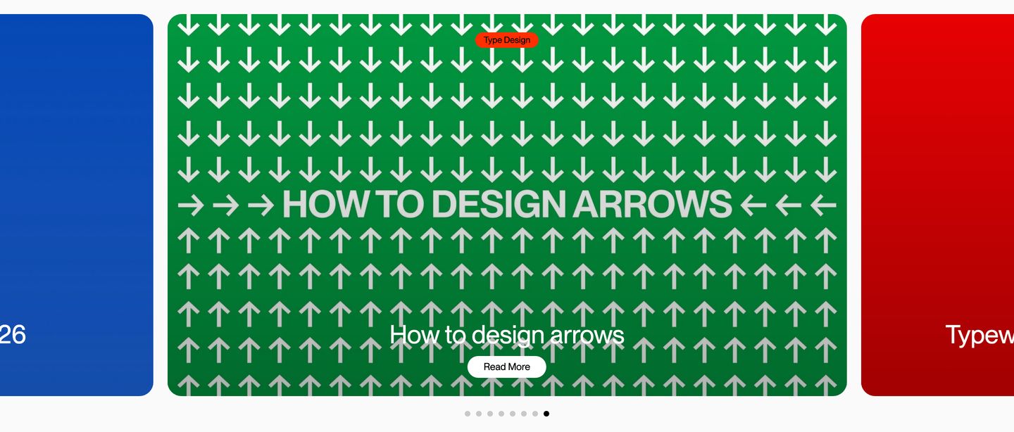 A bold, graphic editorial carousel featuring high-contrast saturated cards celebrating typography design guides.
