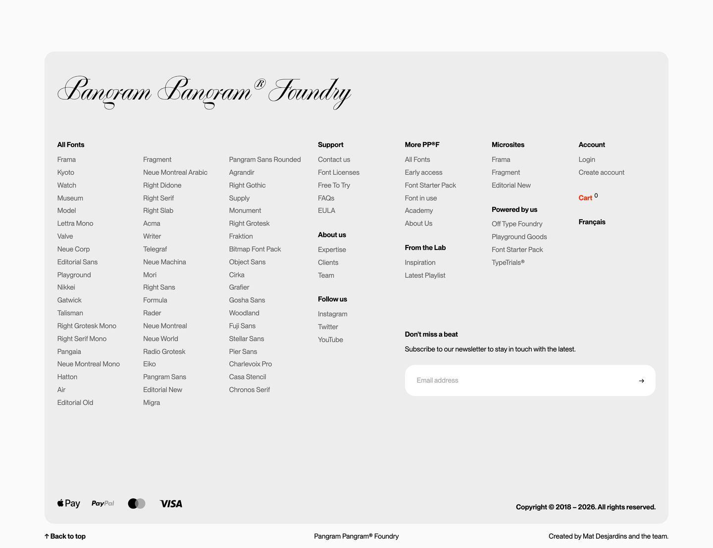 A quiet, meticulous type foundry footer organizing an extensive font directory alongside newsletter capture inside an elevated rounded card.