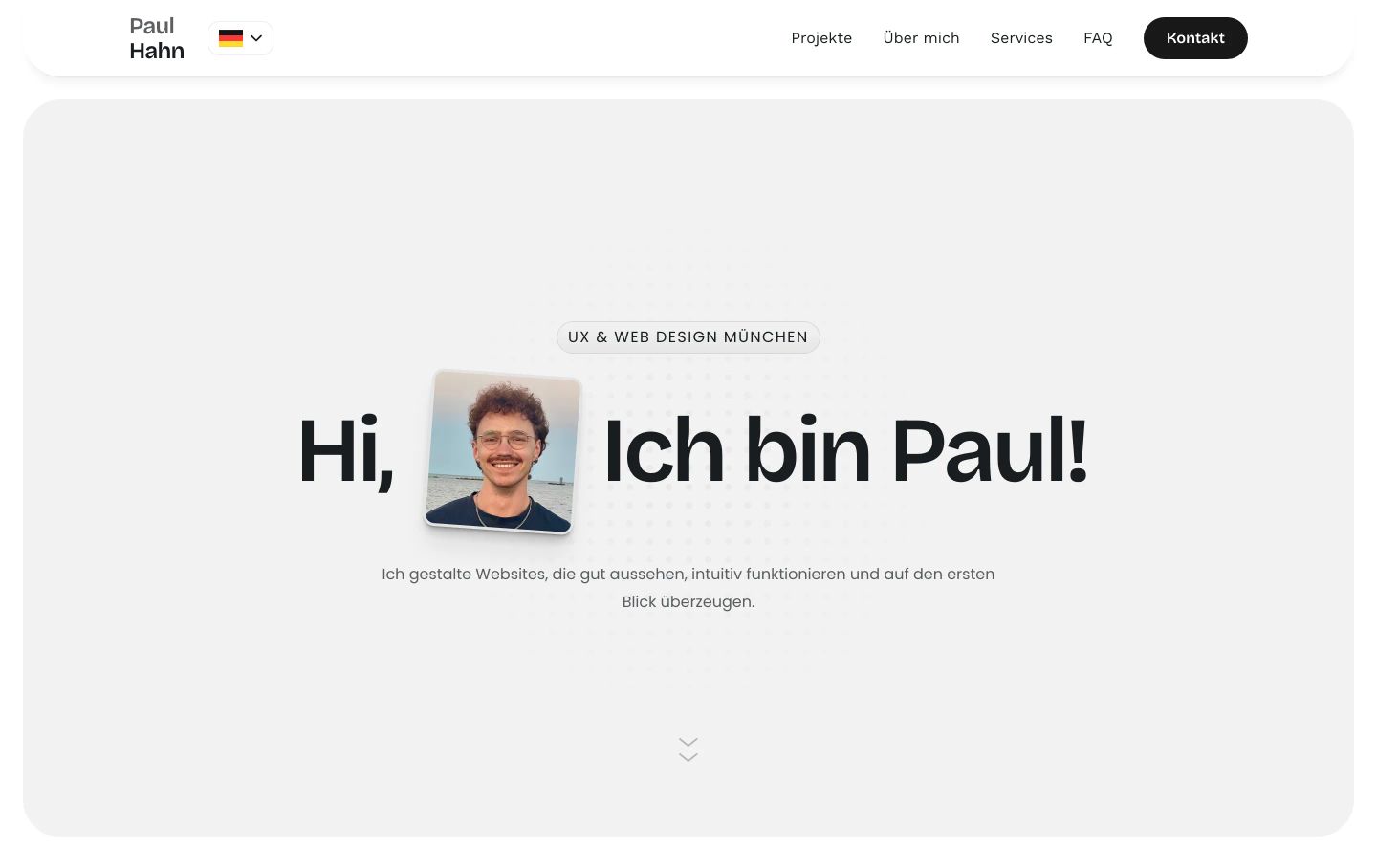 A clean, airy portfolio hero centering a friendly portrait integrated seamlessly into a bold introductory headline.