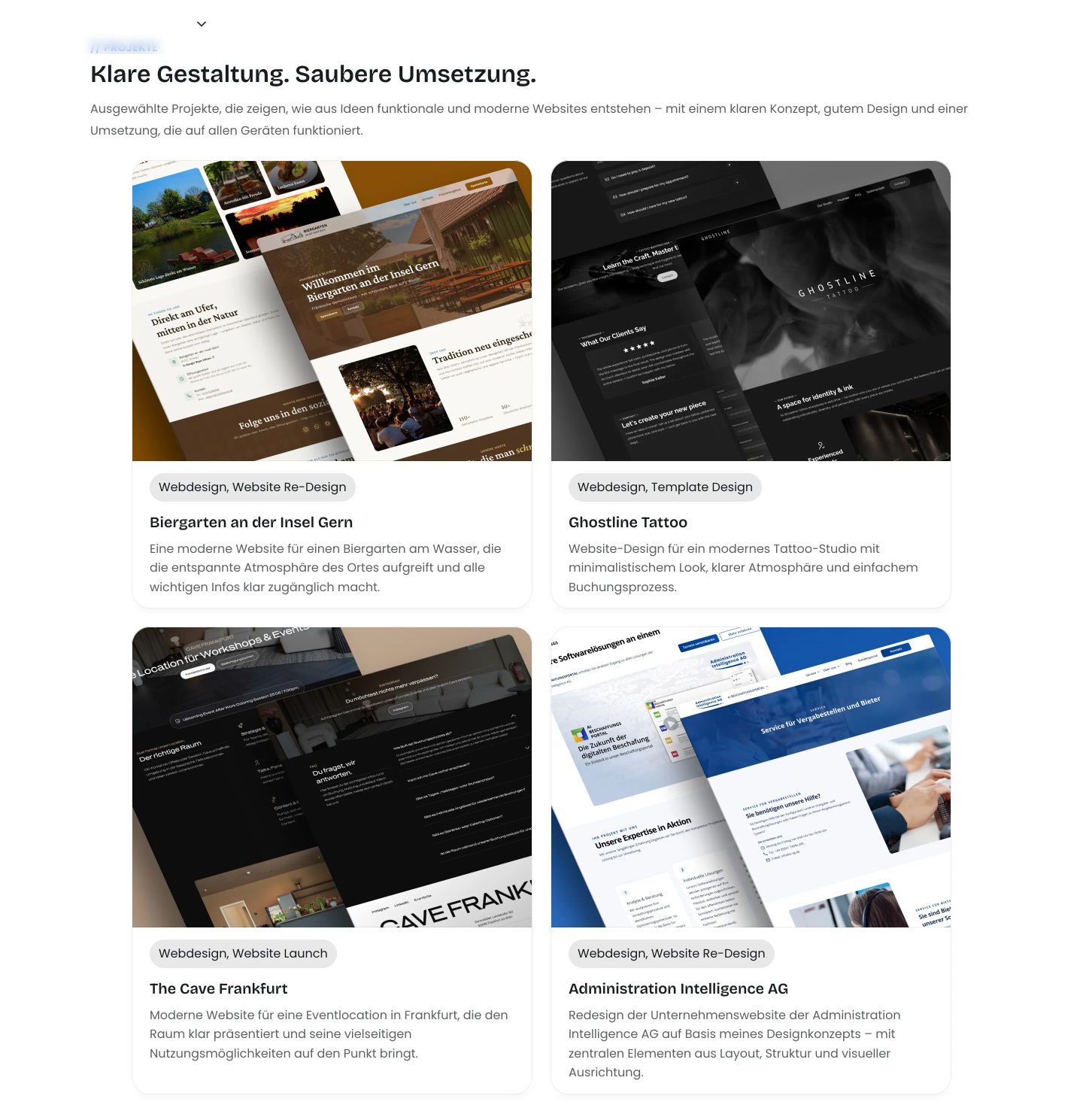 A structured, crisp portfolio showcase presenting client websites through dynamic angled mockups against a clean, bright backdrop.