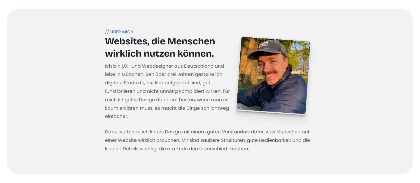 Clean, approachable personal introduction section pairing calm typography with a tilted candid portrait.