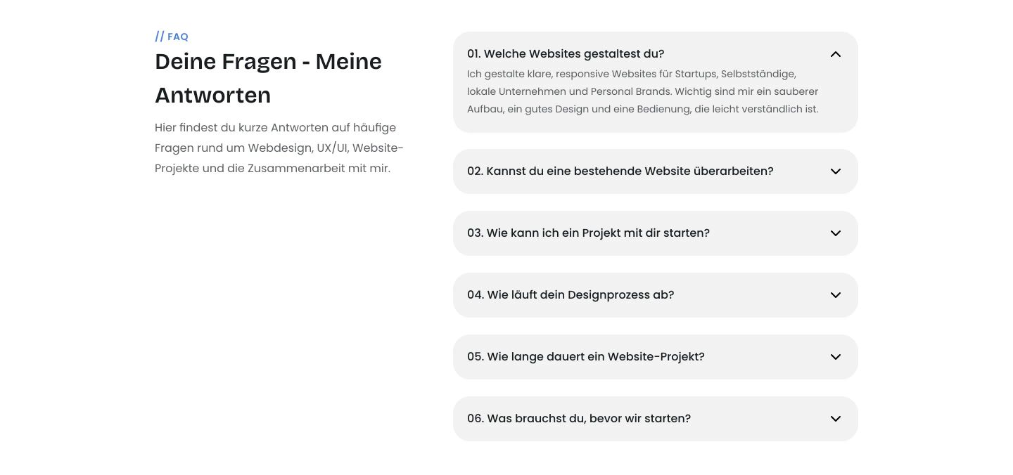 A calm, well-structured split FAQ section using numbered light gray accordion cards alongside concise introductory copy.