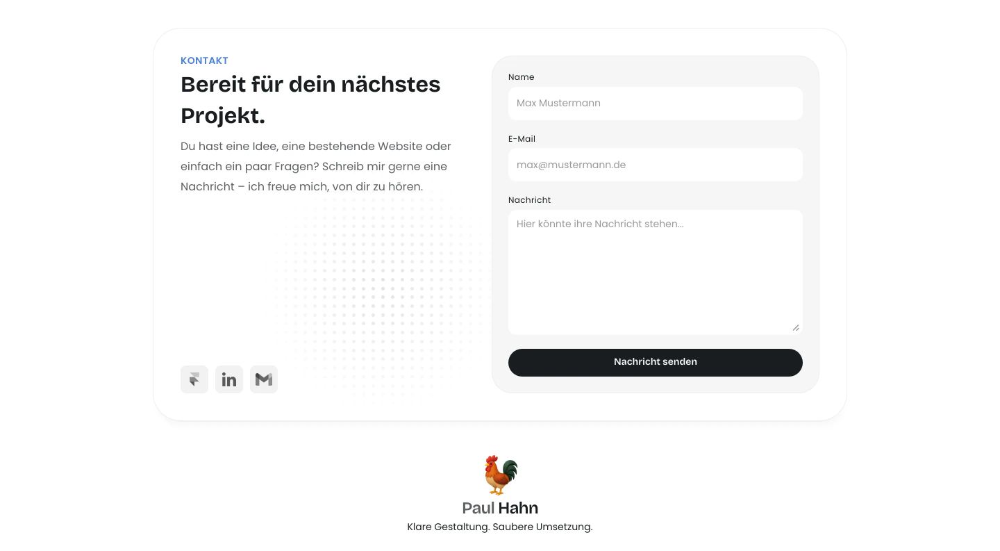 Clean, rounded card layout presenting a friendly contact form paired with minimalist typography and soft dot patterns.