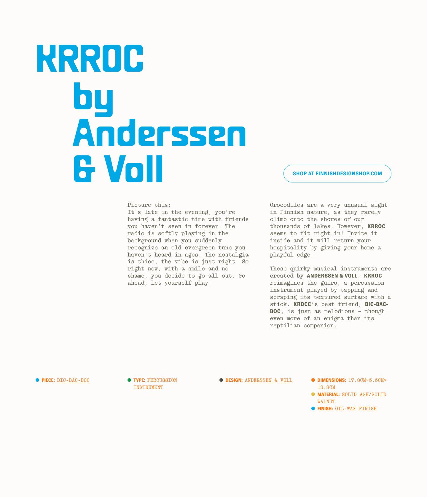 An asymmetric, typographically playful editorial hero pairing chunky electric-blue display type with dual-column typewriter prose and colorful technical metadata.