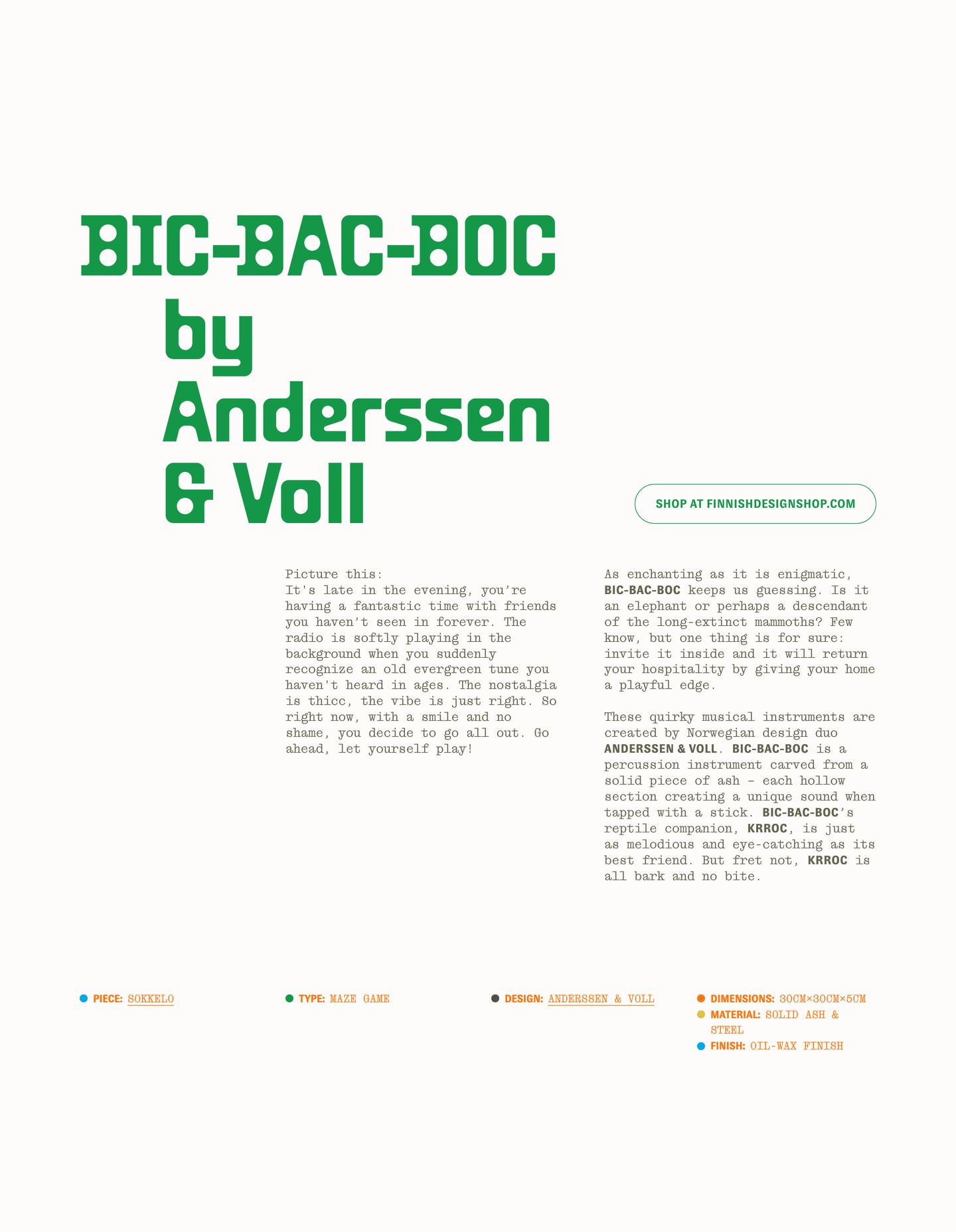 Crisp editorial spec sheet with bold chunky green display lettering and airy monospaced product storytelling over off-white paper.