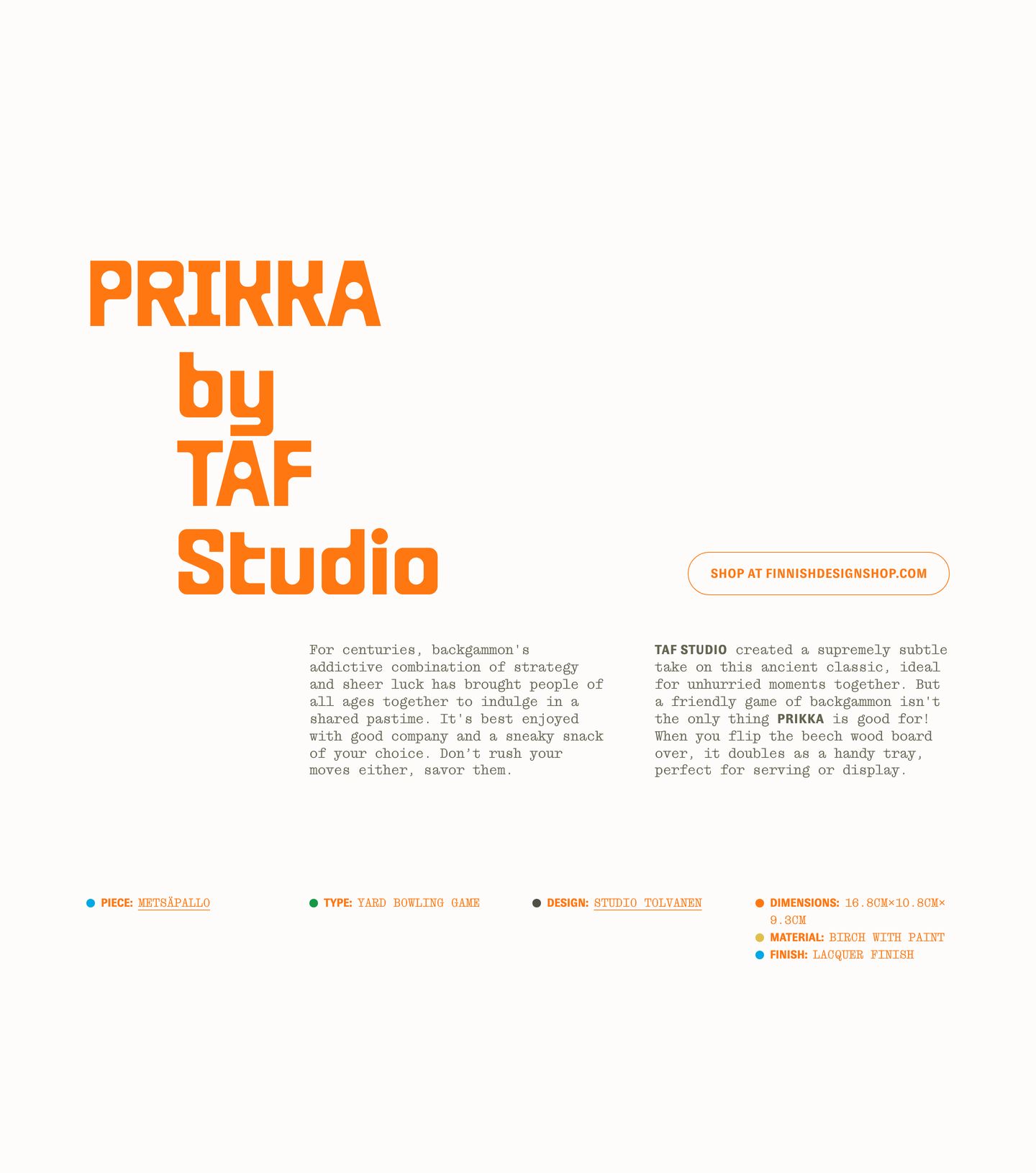 An airy editorial showcase with bold modular orange typography, dual text columns in monospace, and playful colorful catalog metadata.