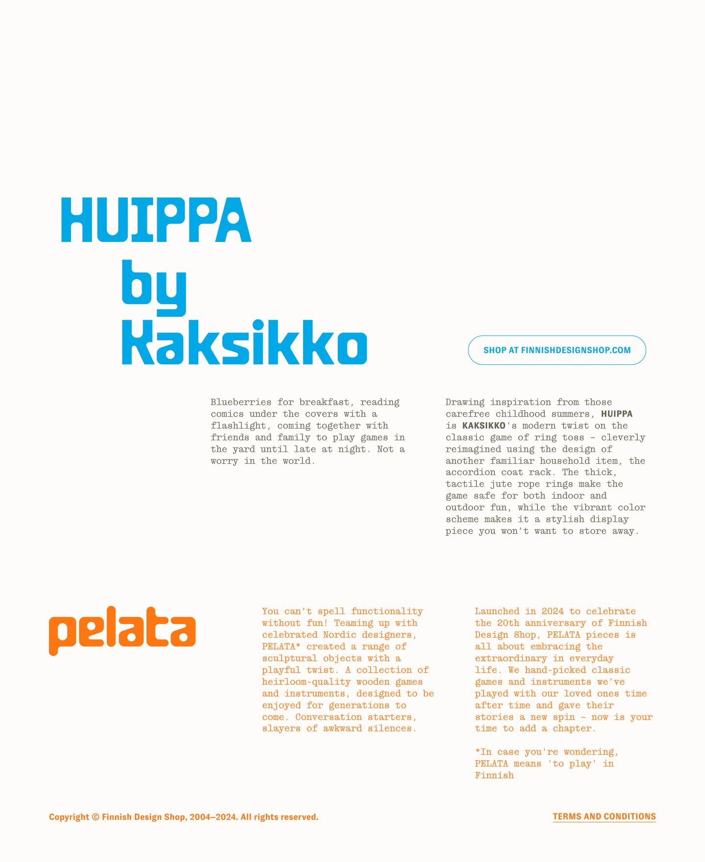 Chunky pop-blue and orange typographic branding paired with multi-column monospaced stories across an airy warm paper backdrop.
