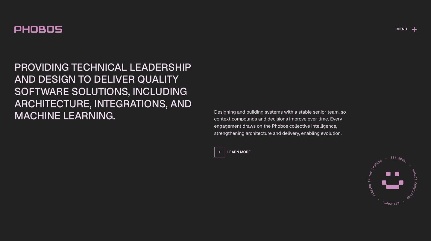 Restrained dark hero with ample negative space, clean typography, and a staggered two-column layout punctuated by subtle pink accents.