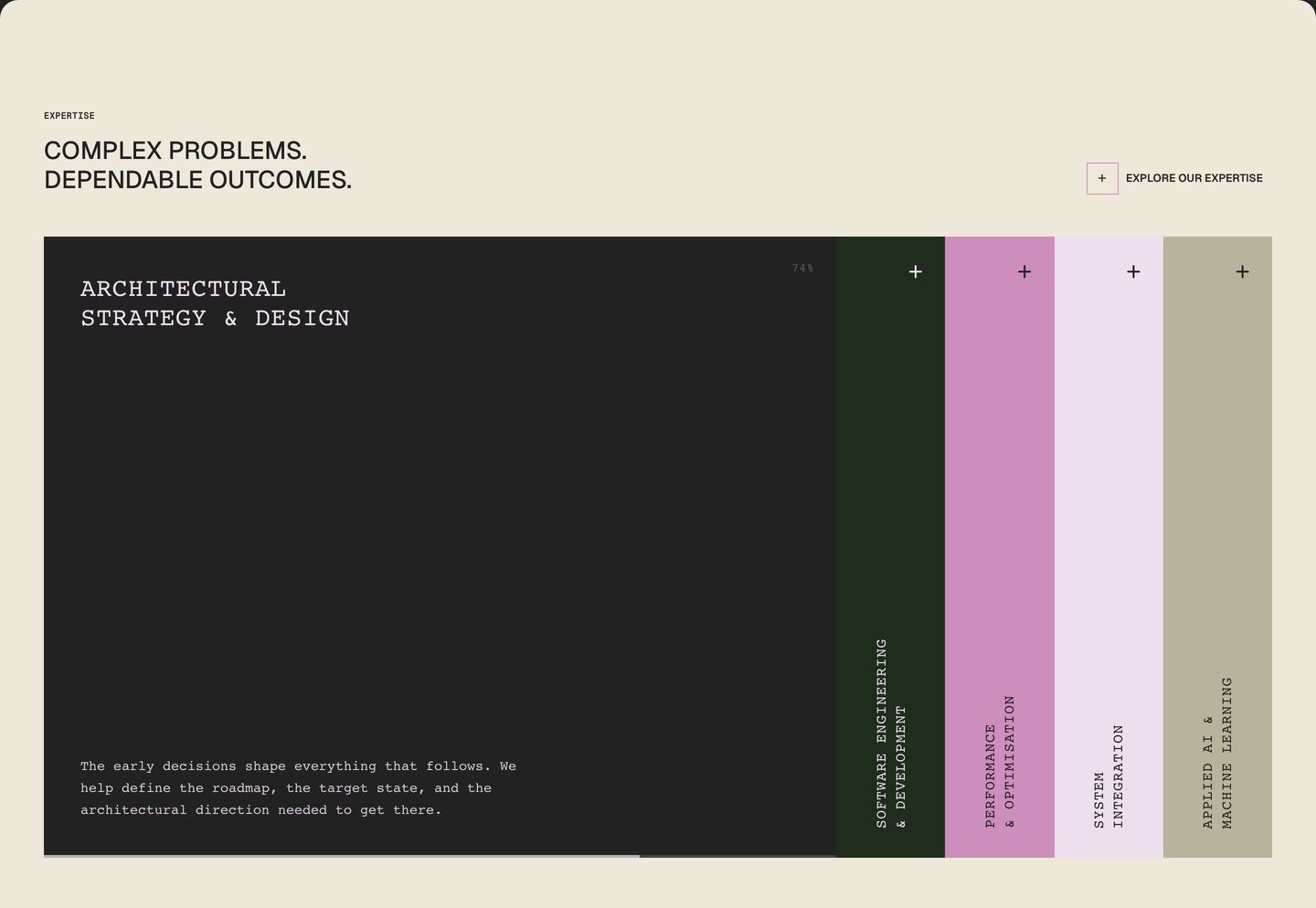 Precise, structured engineering showcase using vertical multi-coloured accordion panels and monospaced typography against a warm sand background.