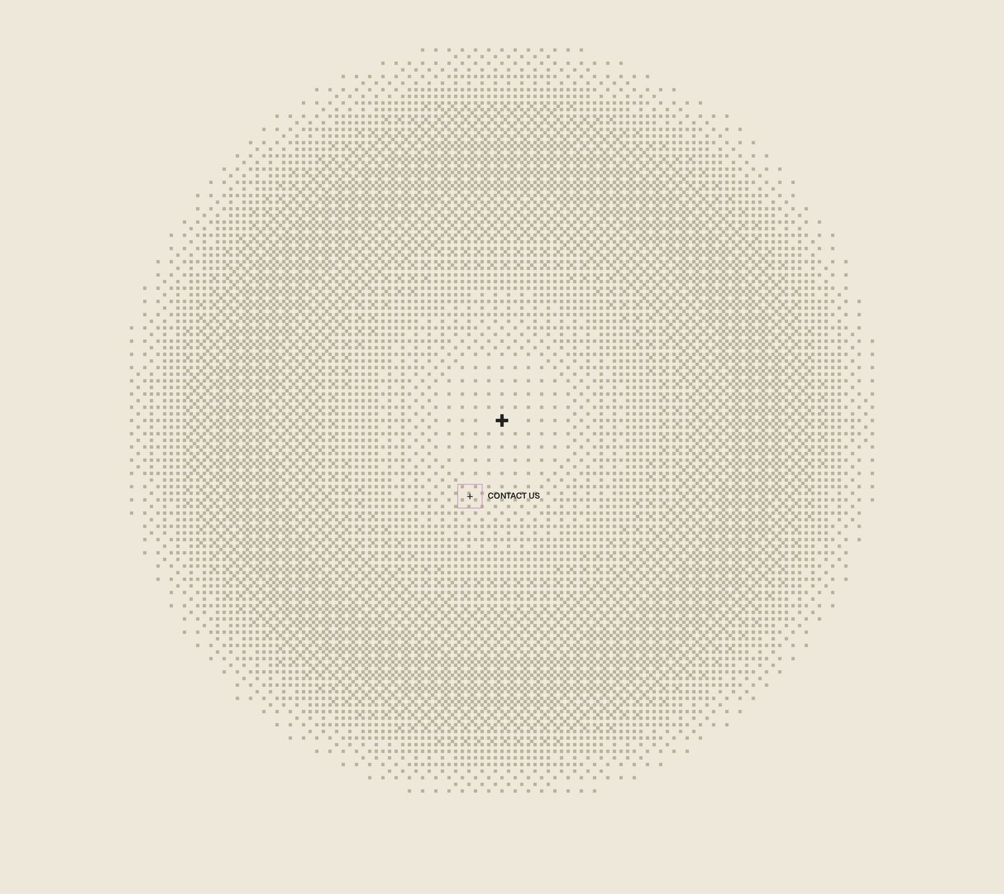 An expansive cream canvas featuring a hypnotic radial dot sphere with a solitary micro-scale contact prompt at its center.