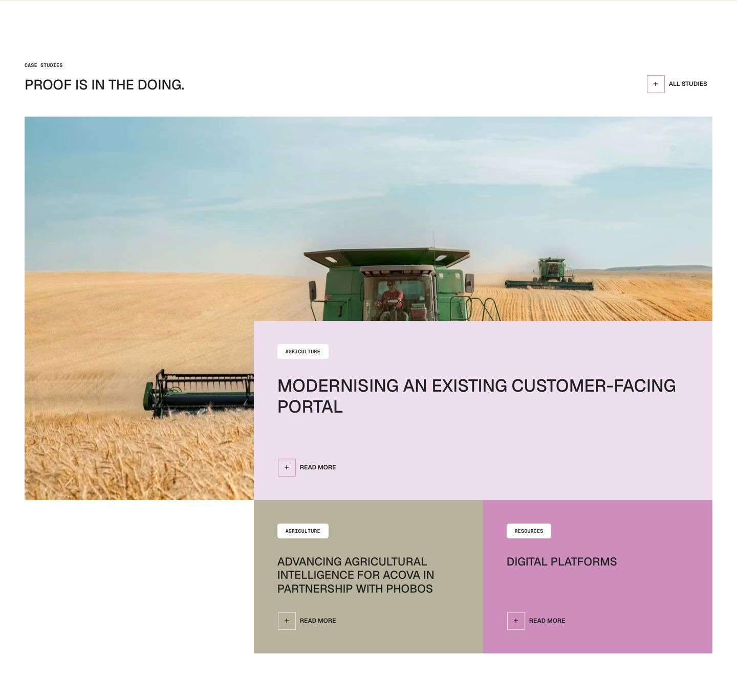 Structured editorial case study showcase overlaying soft pastel blocks onto agricultural landscape photography with precise neo-grotesque typography.