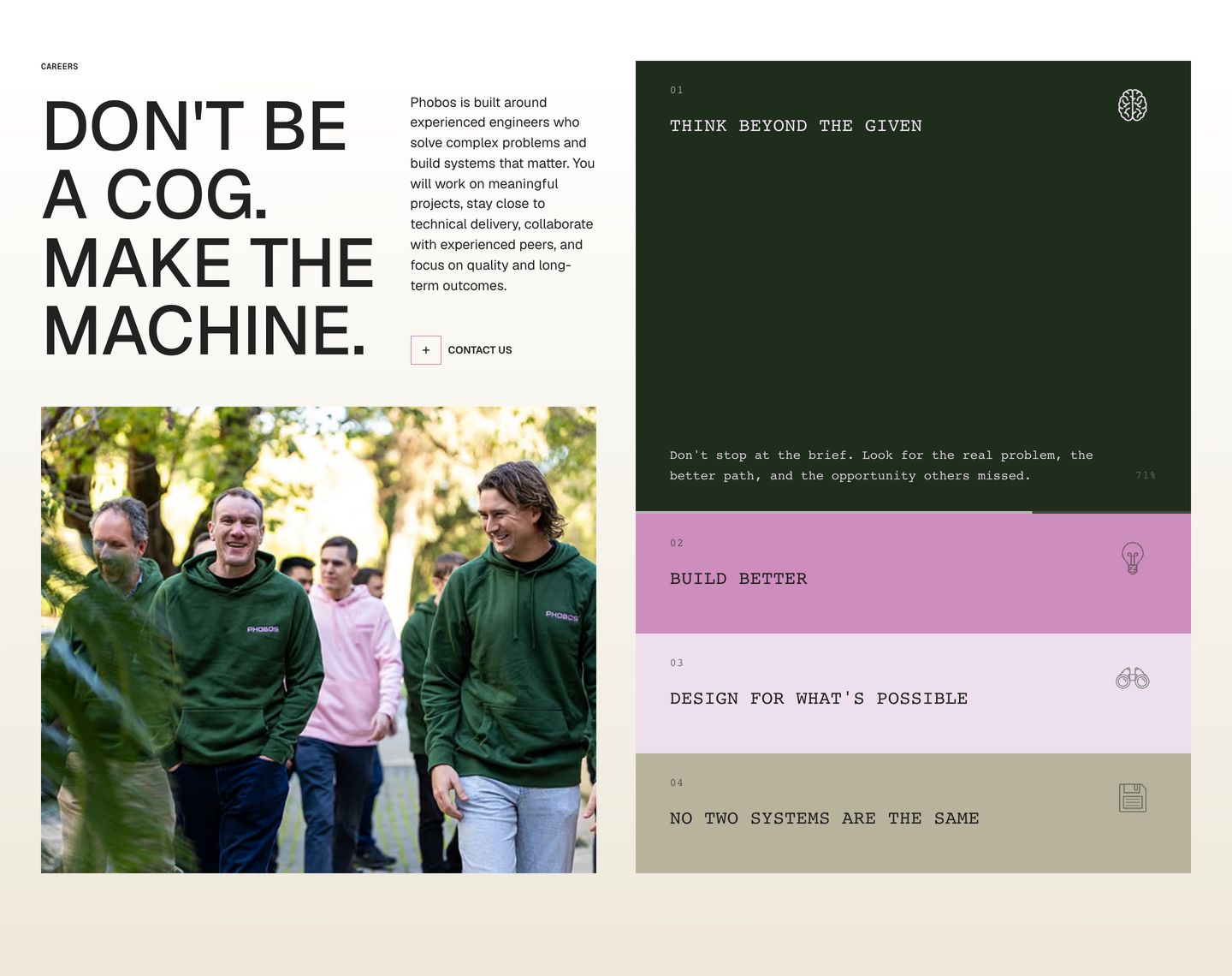 An assertive editorial recruitment section pairing candid documentary team photography with a multi-tonal monospaced accordion.