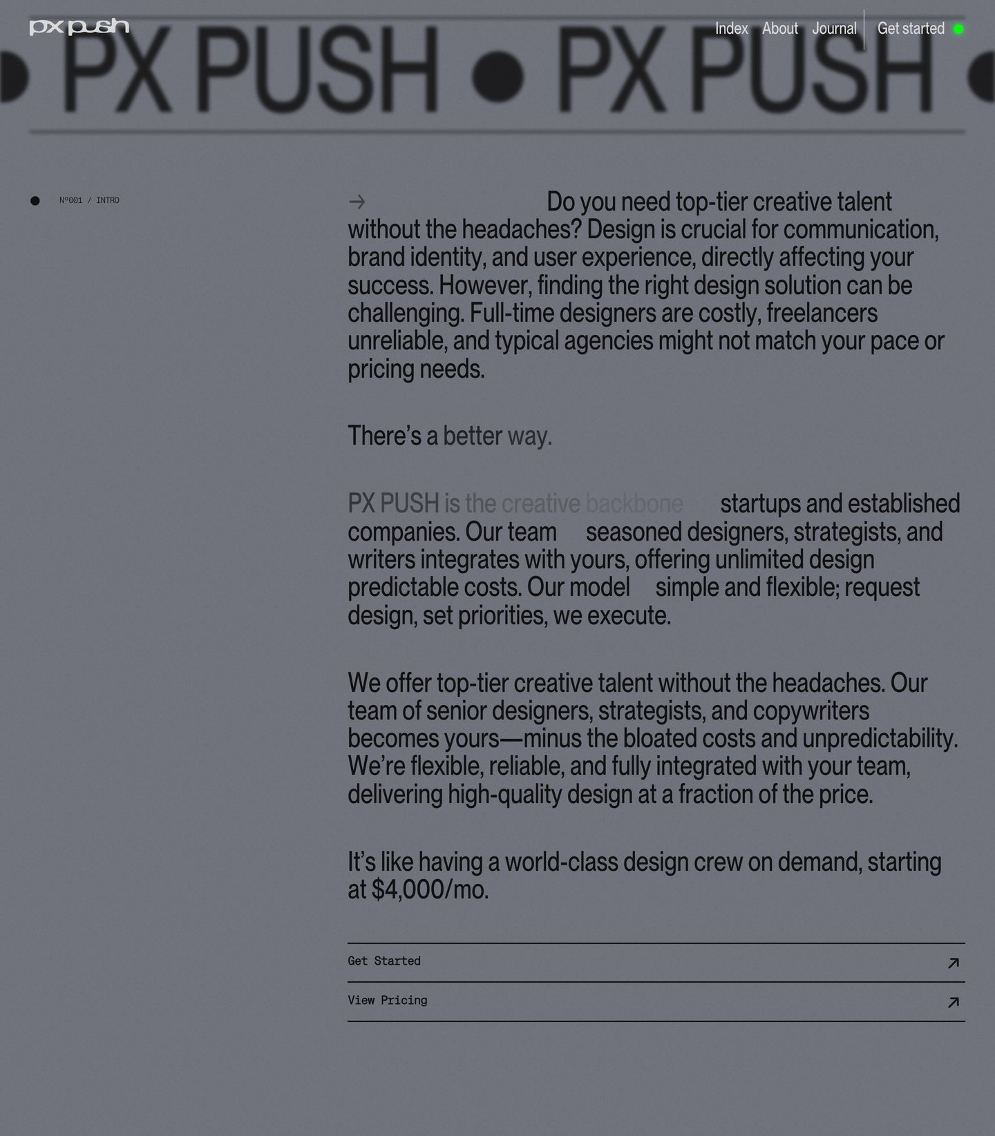 Brutalist text-heavy hero styled like an industrial manual with dense condensed type and technical catalog numbering.