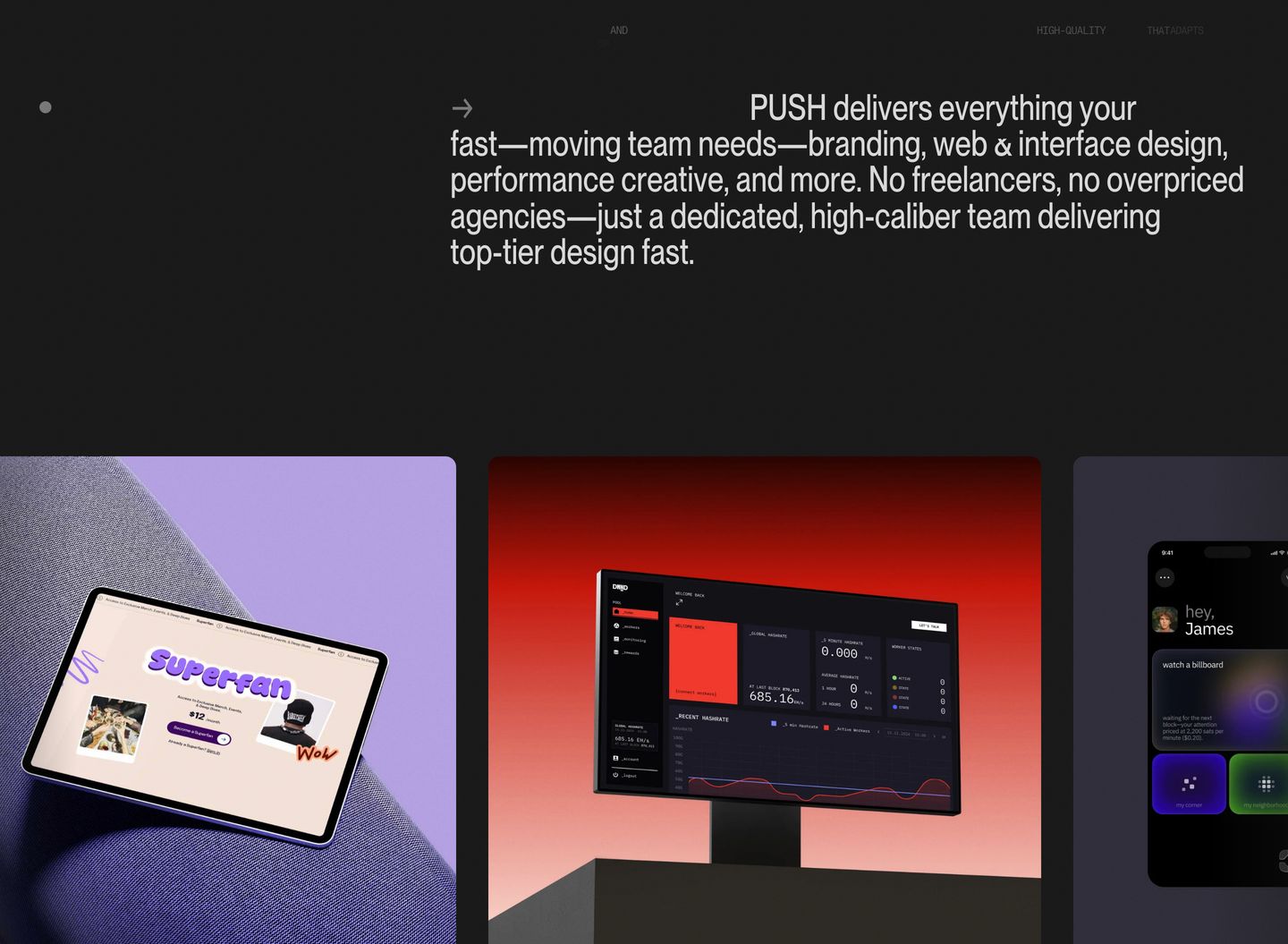 Dark, confident studio showcase pairing tightly packed editorial typography with polished 3D device mockups.