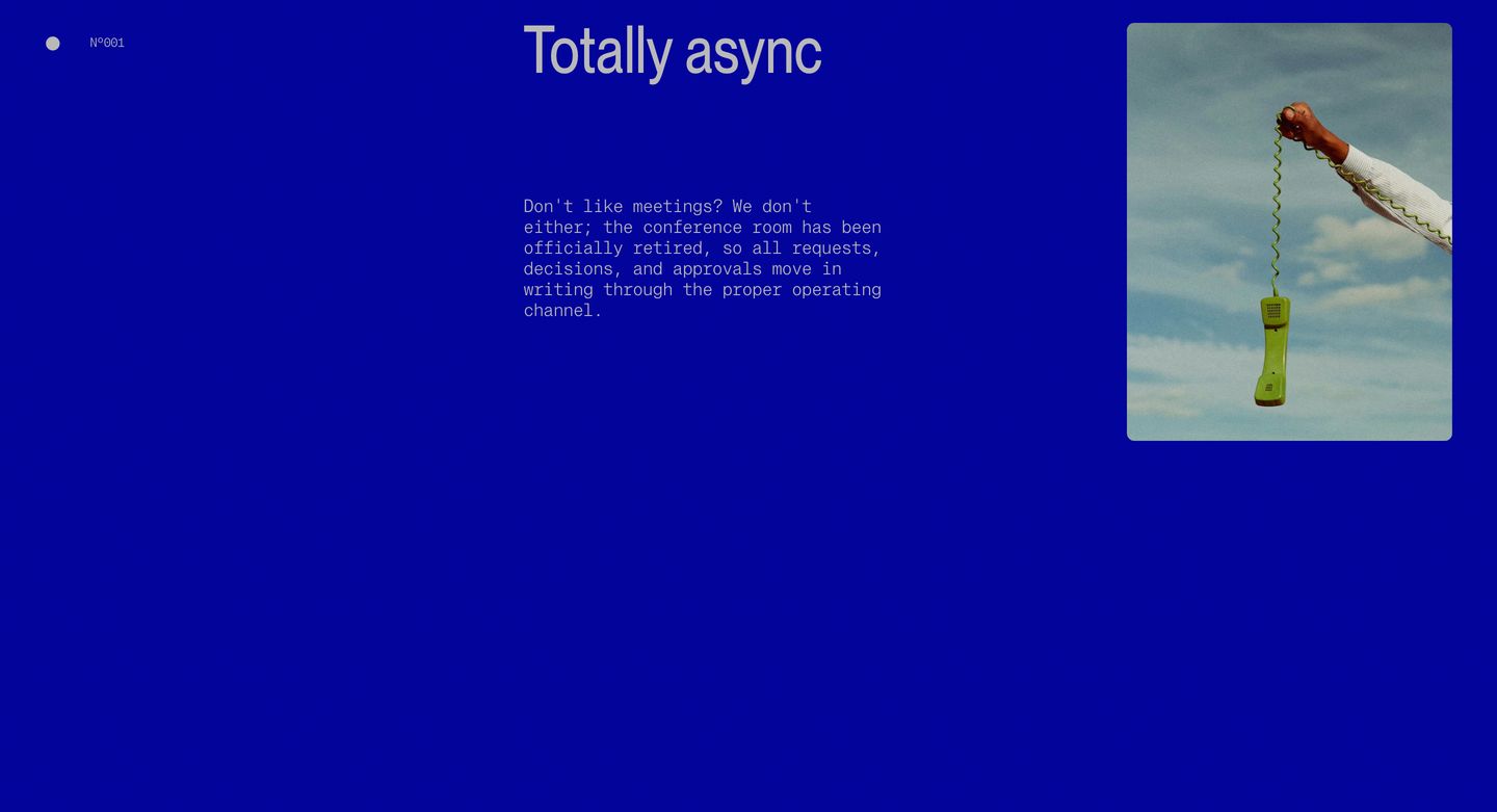 Vibrant cobalt blue feature section pairing stark monospaced typography with a surreal photograph of a dangling telephone.
