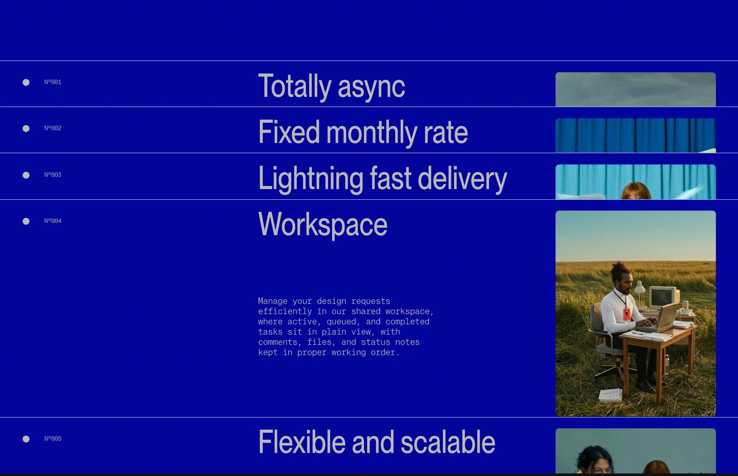 Vibrant cobalt blue accordion list juxtaposing precise technical index notation with surreal editorial photography.