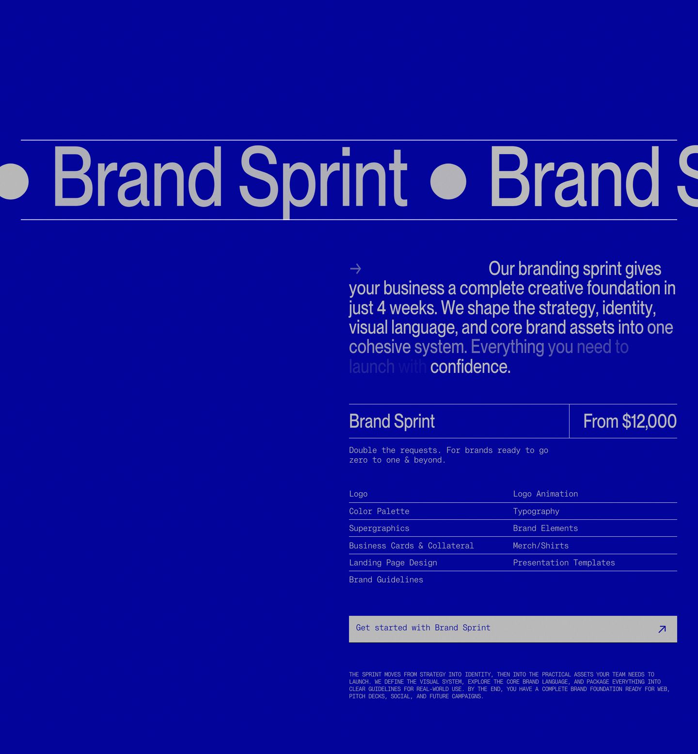 Electric blue Swiss-style pricing tier featuring dense tabular deliverables, stark monospace data, and a bold repeated headline band.