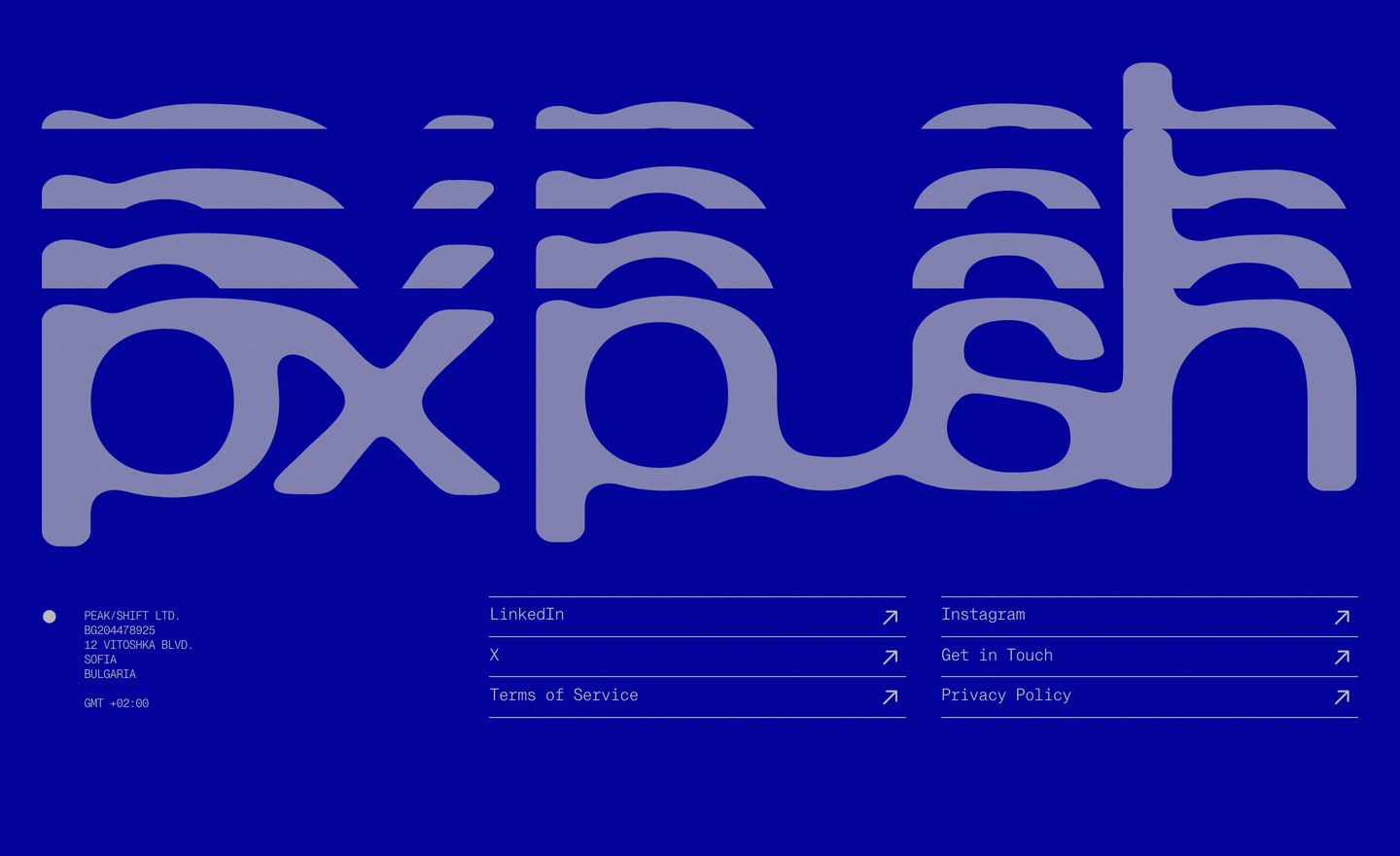 Electric blue footer dominated by massive undulating typography above minimalist monospace link tables.