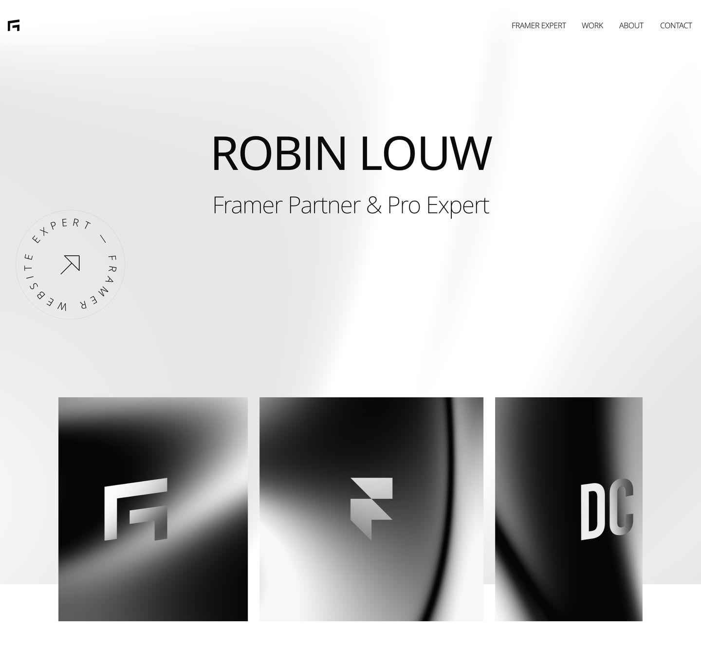 A luminous monochrome portfolio hero featuring centered typography above sleek, metallic chrome logo cards.