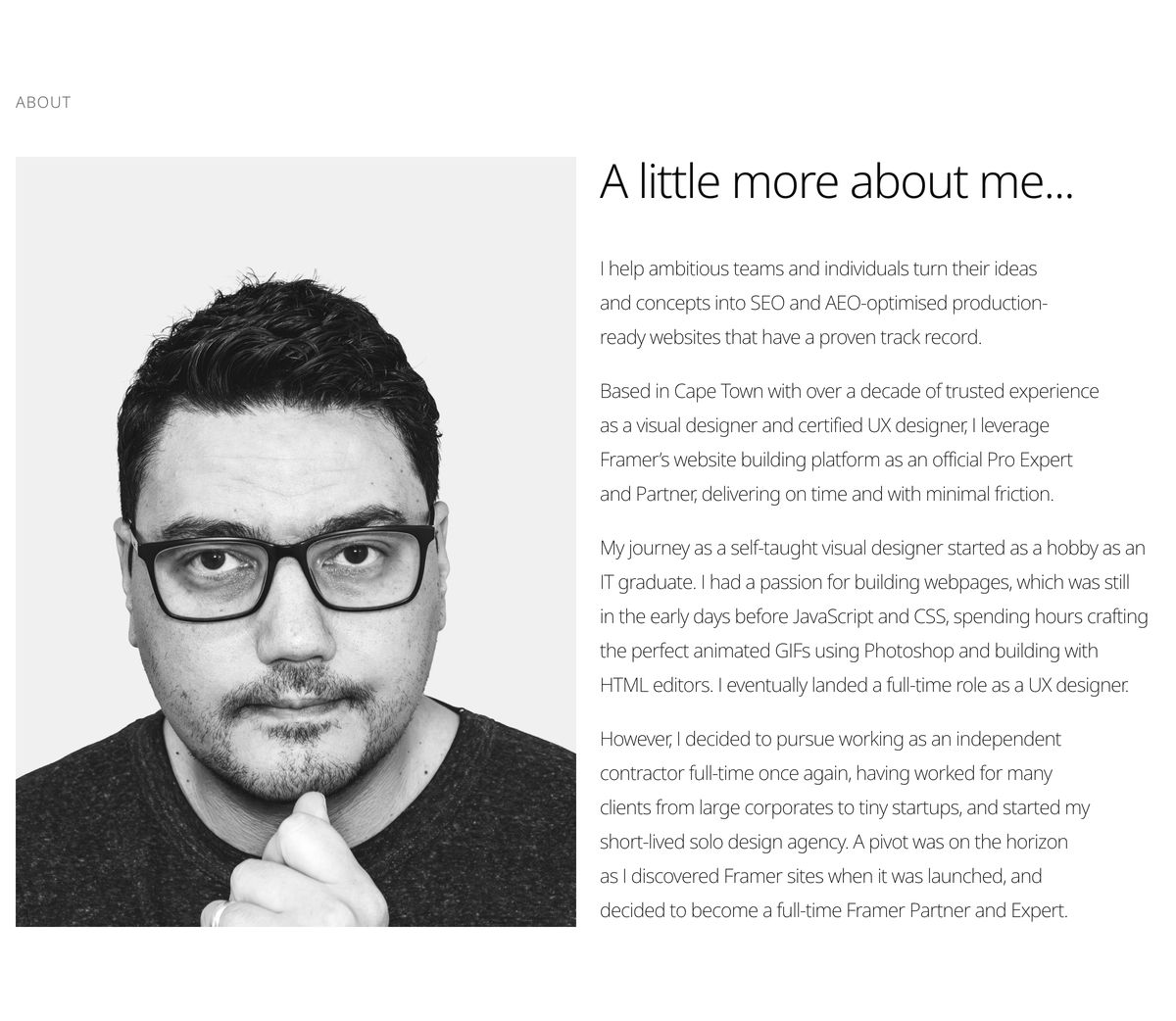 Quiet and straightforward personal bio section pairing a monochrome portrait with clear biographical text.