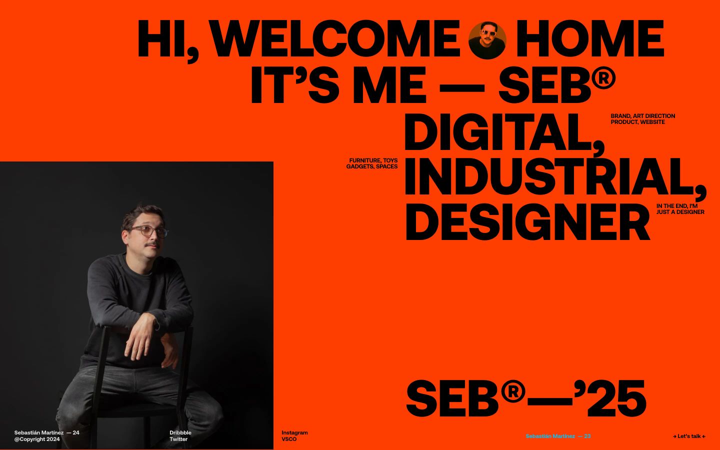 Vibrant electric-orange portfolio hero with punchy black grotesque typography and an offset documentary-style portrait.