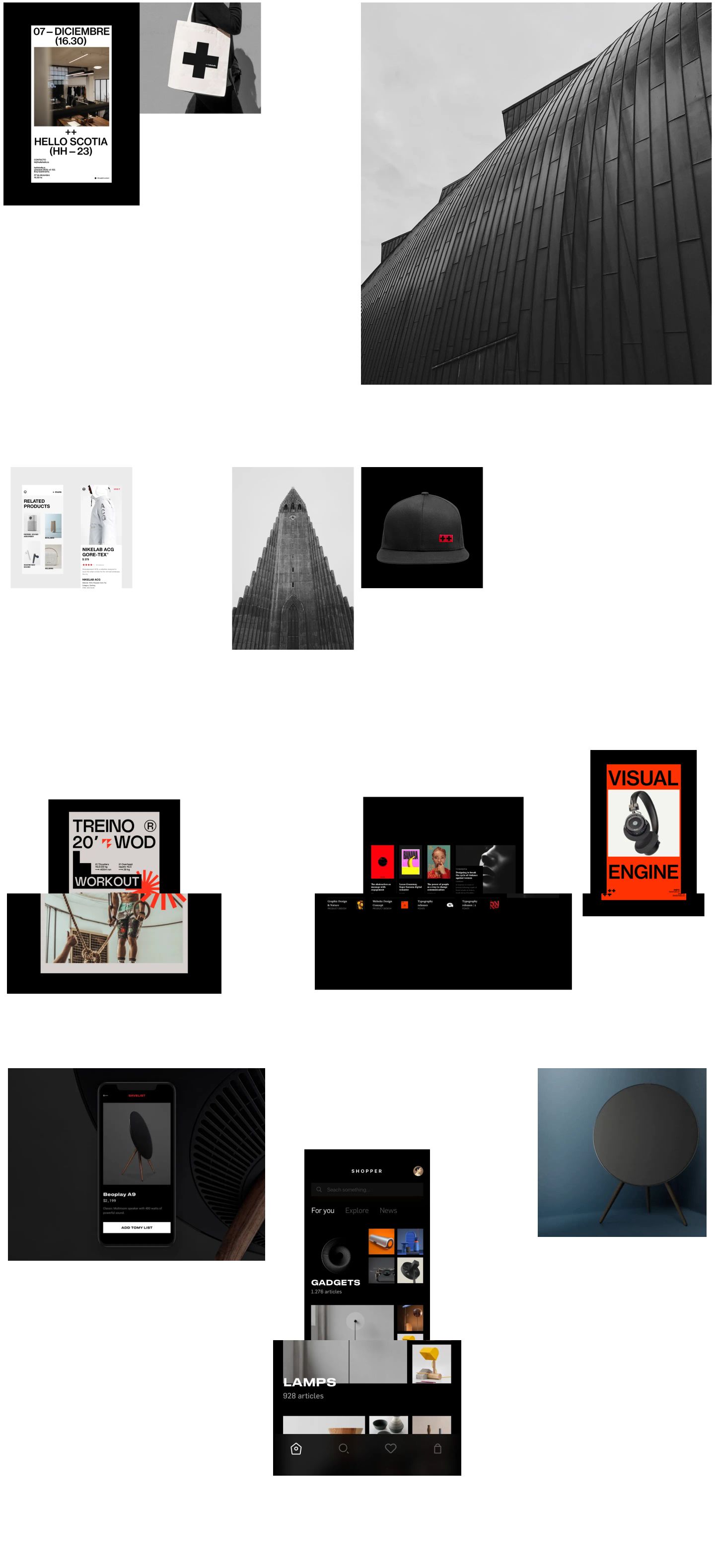 A sparse, curated gallery of monochrome architectural photography and graphic design artifacts floating across expansive white space.