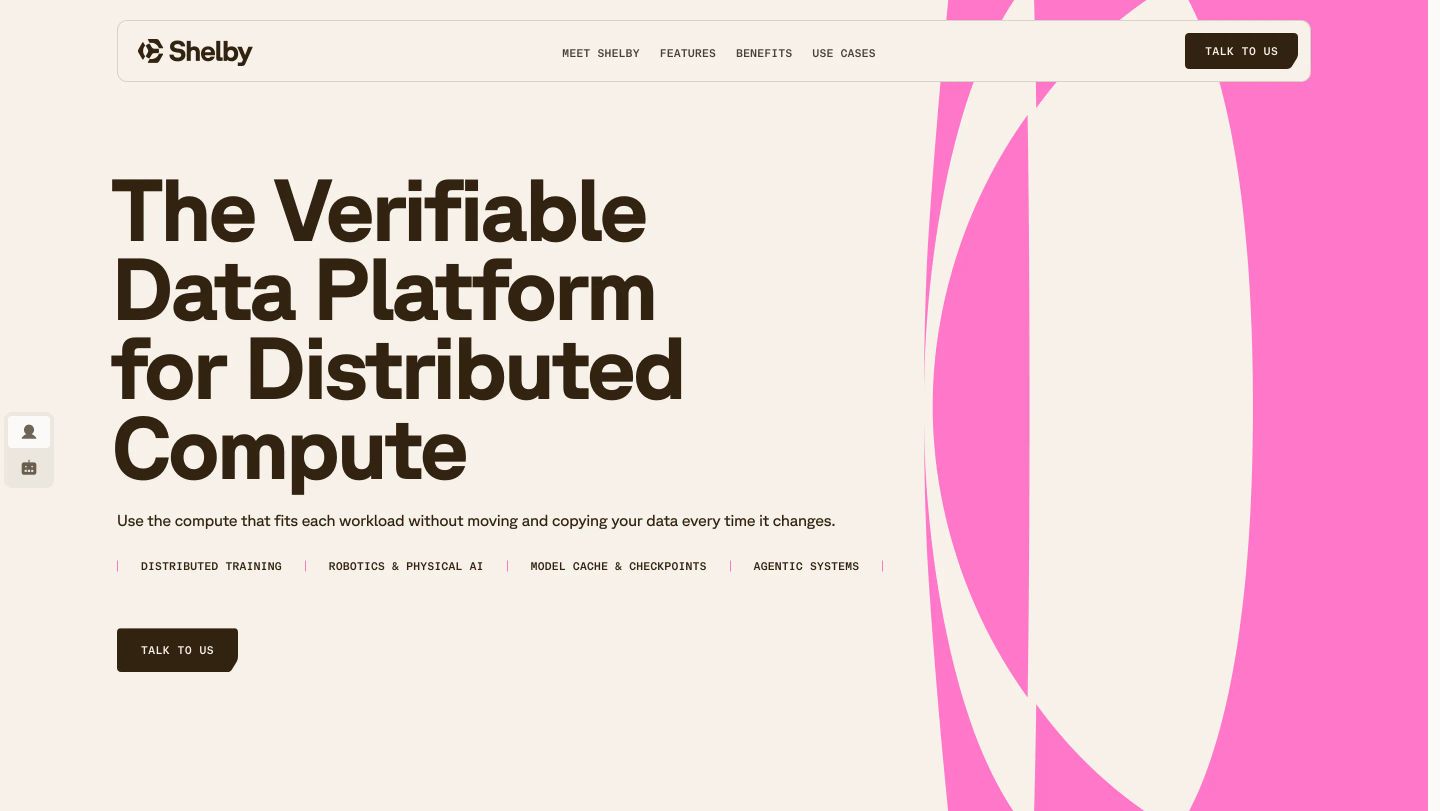 Warm modernist hero pairing heavyweight dark typography with sweeping abstract pink ribbons against a soft cream backdrop.