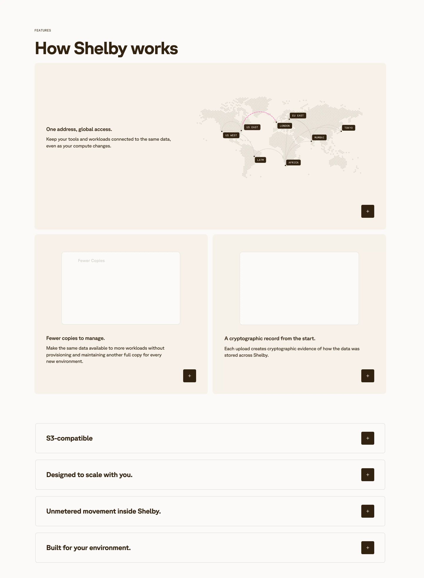 Calm, warm-toned technical feature cards and expandable list items arranged in an orderly, spacious grid.