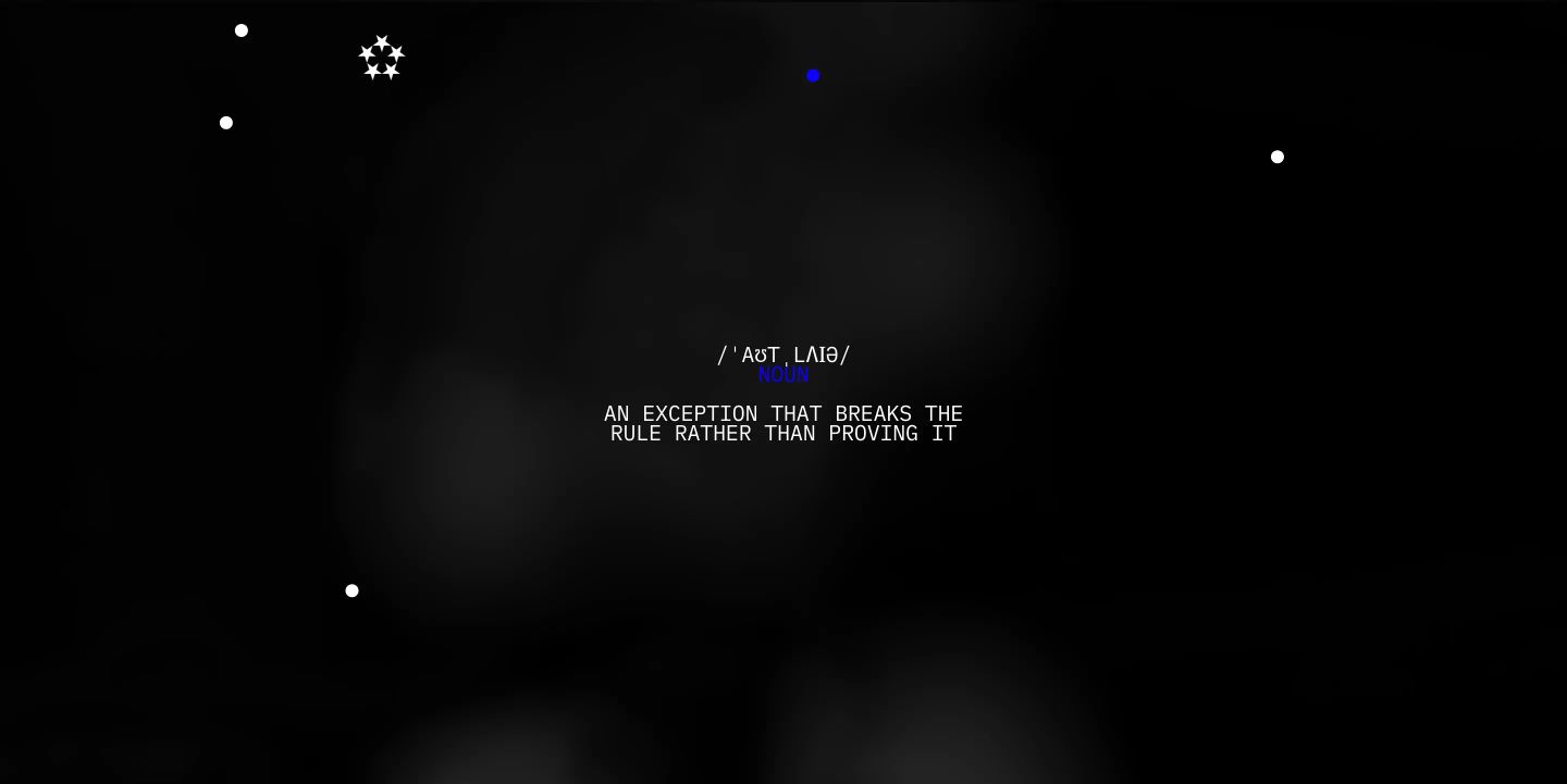 An enigmatic, pitch-black space suspended with sparse glowing celestial points framing a cryptic phonetic definition.