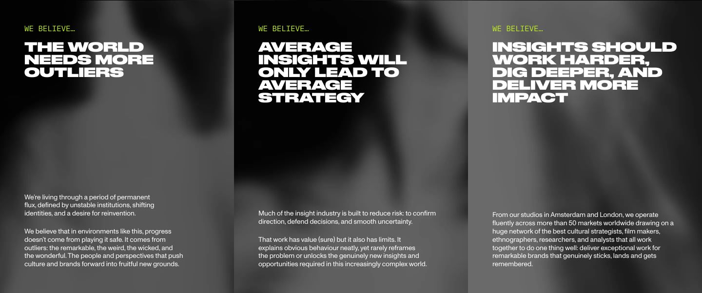 A dark three-column manifesto layout pairing aggressive wide uppercase headlines with acid green mono eyebrows over shadowy, blurred backgrounds.