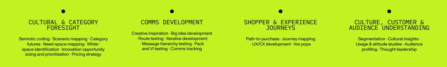 Vibrant acid-green capabilities grid combining stark black technical typography with minimal bullet markers across a four-column spread.
