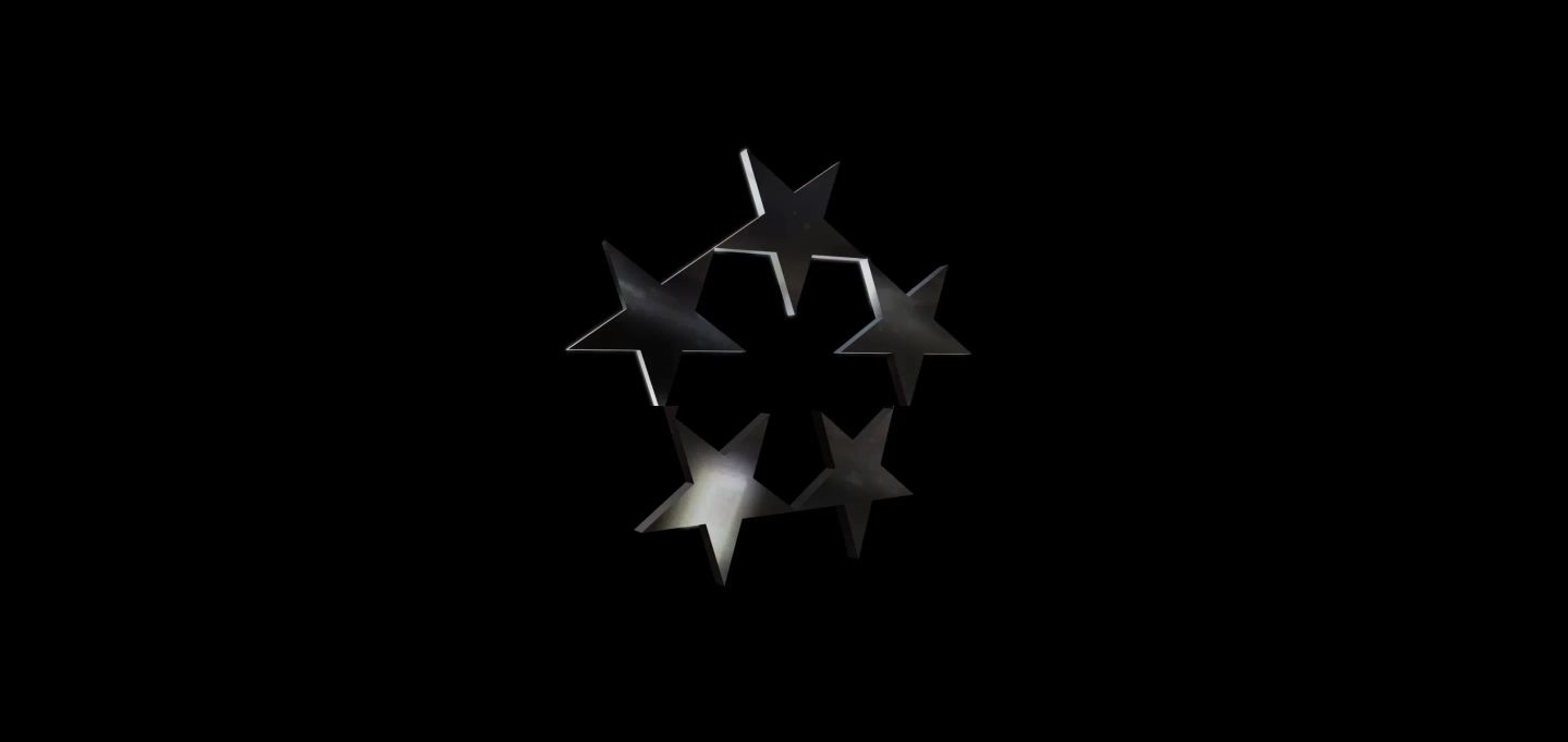 A stark, void-like black canvas holding an enigmatic floating constellation of metallic chrome stars.