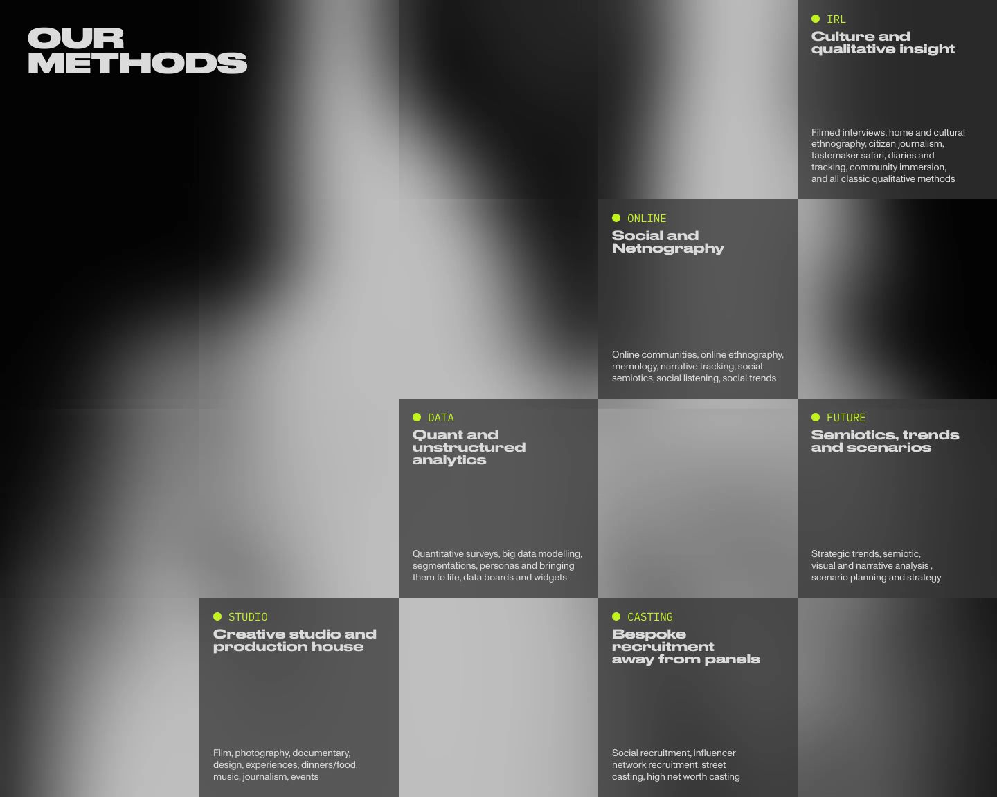 A shadowy stepped matrix of research methods floating over soft monochrome gradients with acid-green indicators.