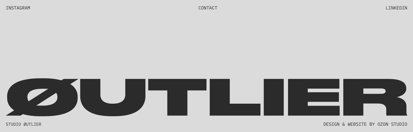 Monolithic, brutalist typographic footer with massive graphic lettering anchored by utilitarian monospaced perimeter links against flat grey.