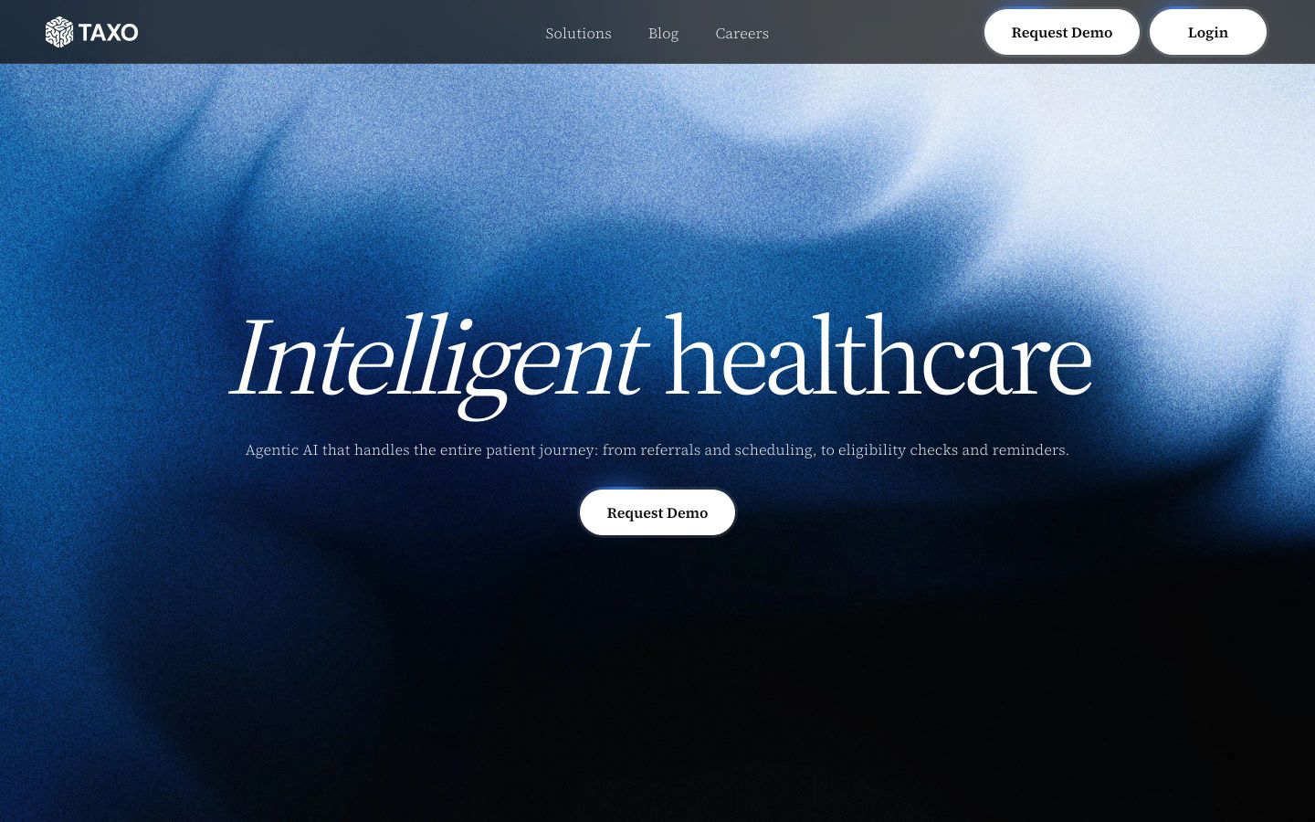Luminous deep-blue organic gradient cloud creates an ethereal, calm backdrop for refined serif typography.